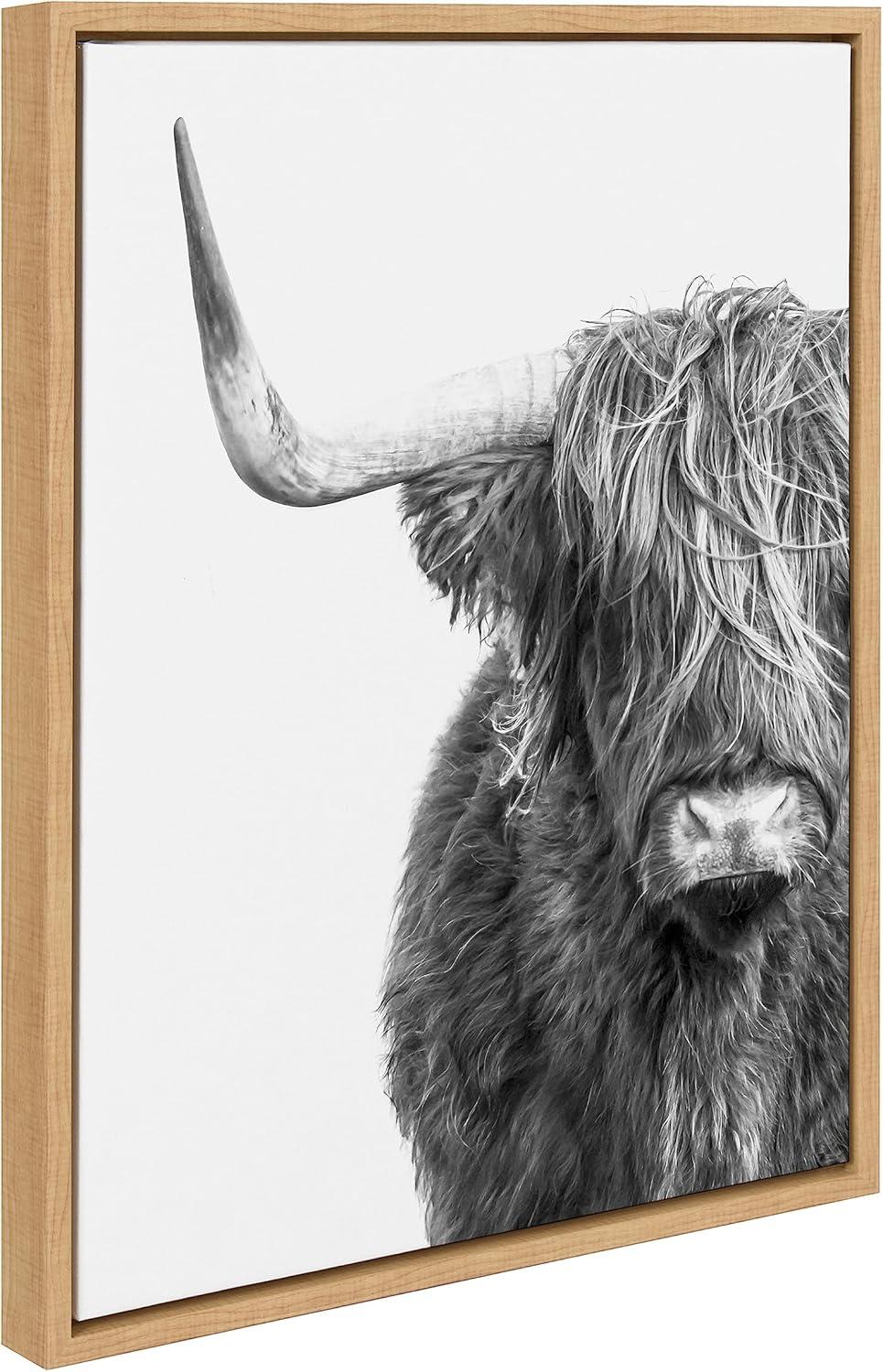 Black and White Highland Cow Canvas Print with Natural Wood Frame