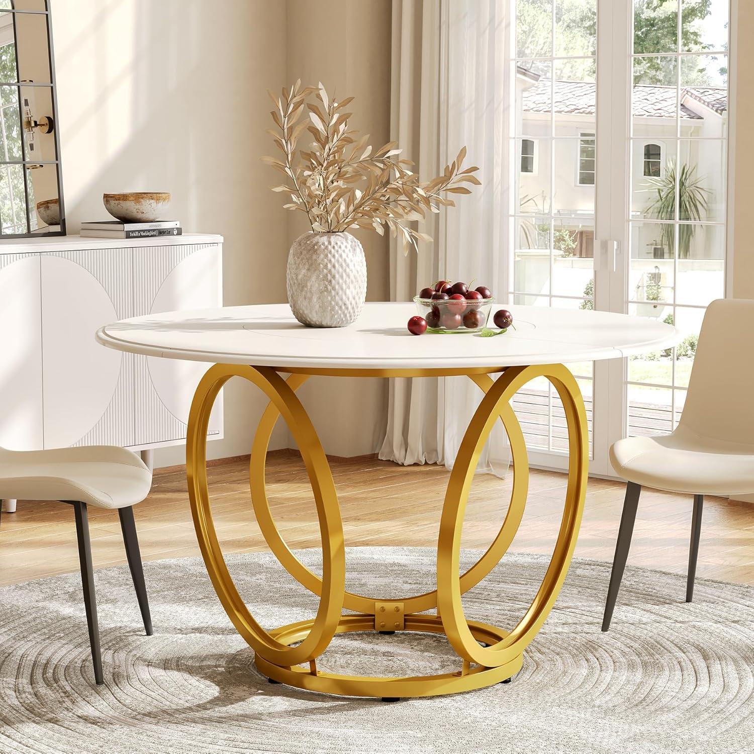 47 inch Dining Table for Dining Room, 4 People Round Dinner Table white & Gold