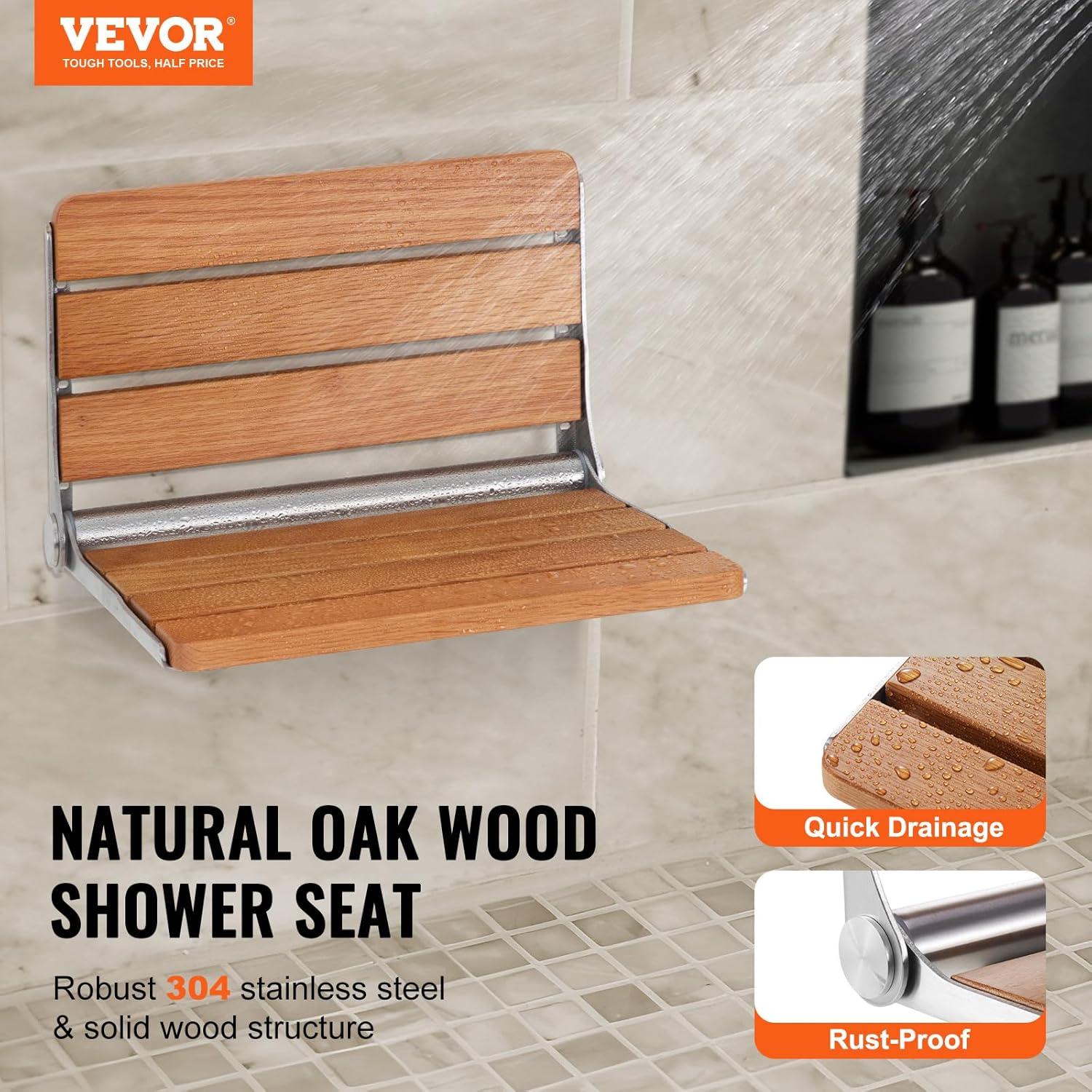 Teak and Stainless Steel Wall-Mounted Folding Shower Seat