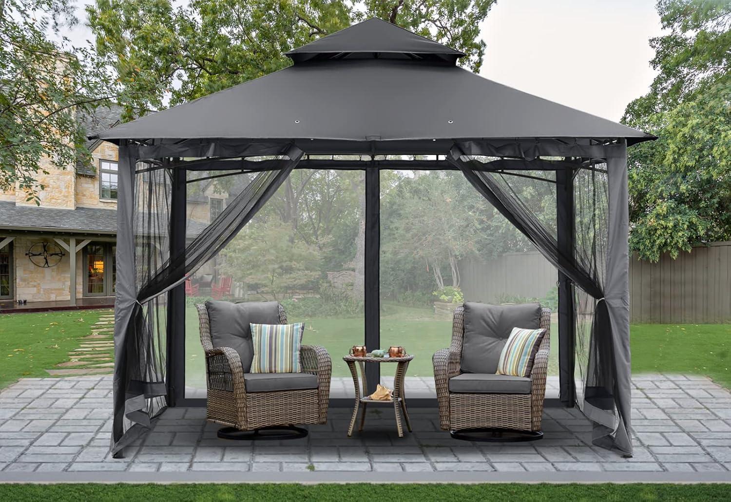 Dark Gray 8x8 Outdoor Gazebo with Steel Frame and Netting