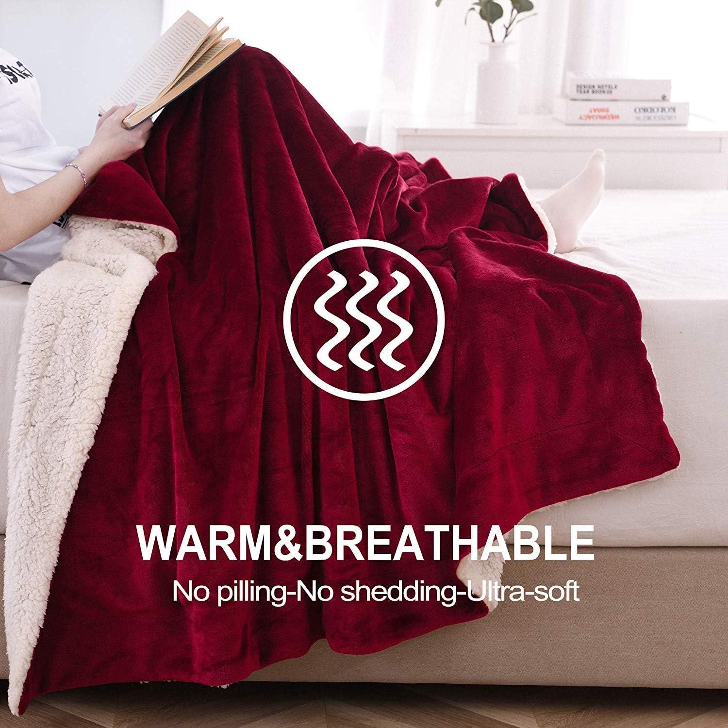 Wine Red Sherpa Fleece Reversible Throw Blanket