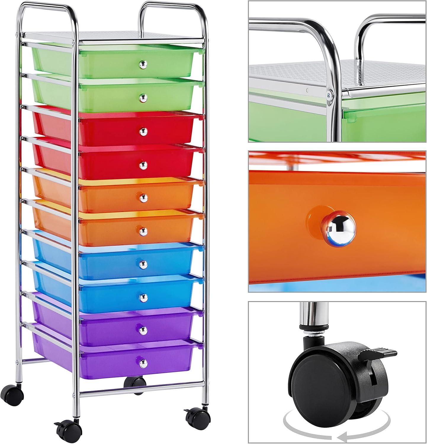 Multicolor 10-Drawer Rolling Utility Cart with Chrome Frame