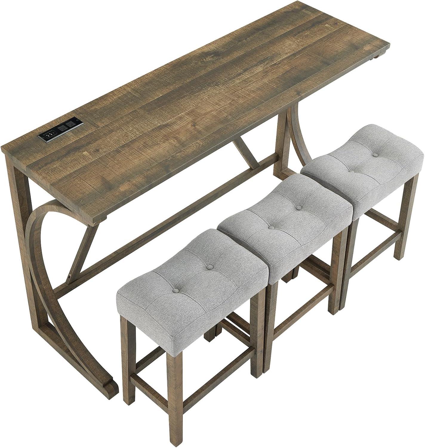 59'' Industrial 4 Piece Bar Table Set with Power Outlet Breakfast Table Set with Brown Bar Table and 3 Gray Chairs for Living Room Dining Room Game Room