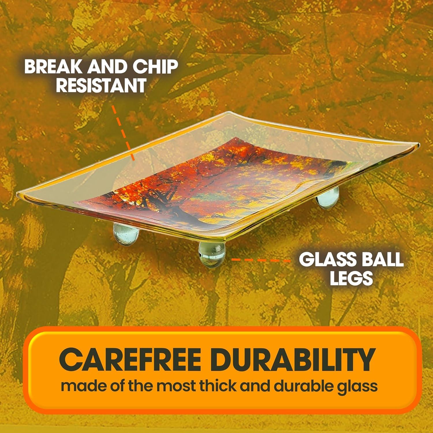 GAC Unique Landscape Design Rectangular Tempered Glass Serving Tray on Glass Ball Legs – 10x14 Inch – Break Resistant – Oven, Microwave, and Dishwasher Safe–Attractive Yellow Colored Serving Platter