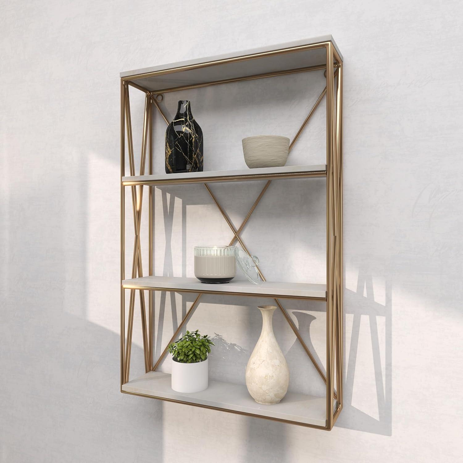 DecMode 16" x 4" 4-Tier Gold Wall Shelf with White Wooden Shelves