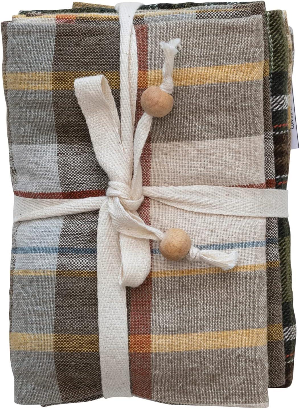 Creative Co-Op 28" L x 18" W Cotton Printed Tea Towels w/Tie w/Wood Beads, Multi Color Plaid, Set of 3