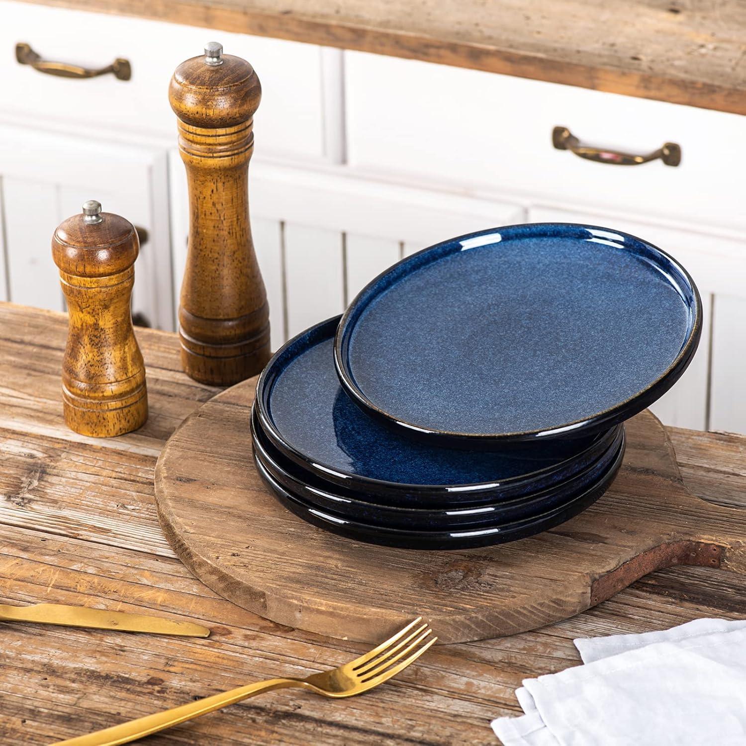 vicrays Juego de Platos de Ensalada de Cerámica - Plato de Snack de Postre Plano de Porcelana de 8 Pulgadas para el Almuerzo en Casa, Restaurante - Apto para Horno Microondas y Lavavajillas Resistente a Rayones - Juego de 6 (Azul)