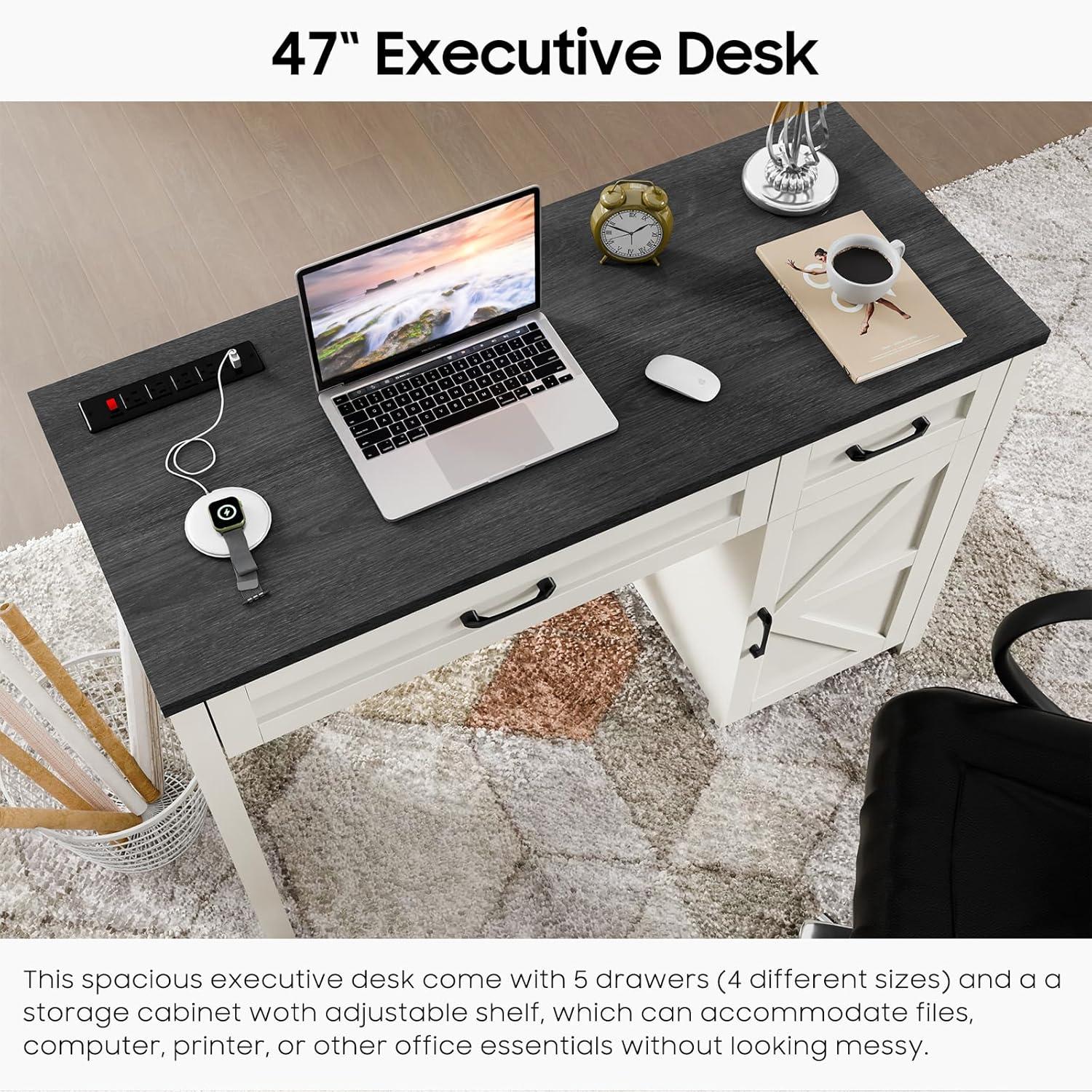 Farmhouse 47" Executive Desk, Computer Desks with Drawers and Storage Cabinet, Workstation Computer Desk for Home Office, Study.(Black)