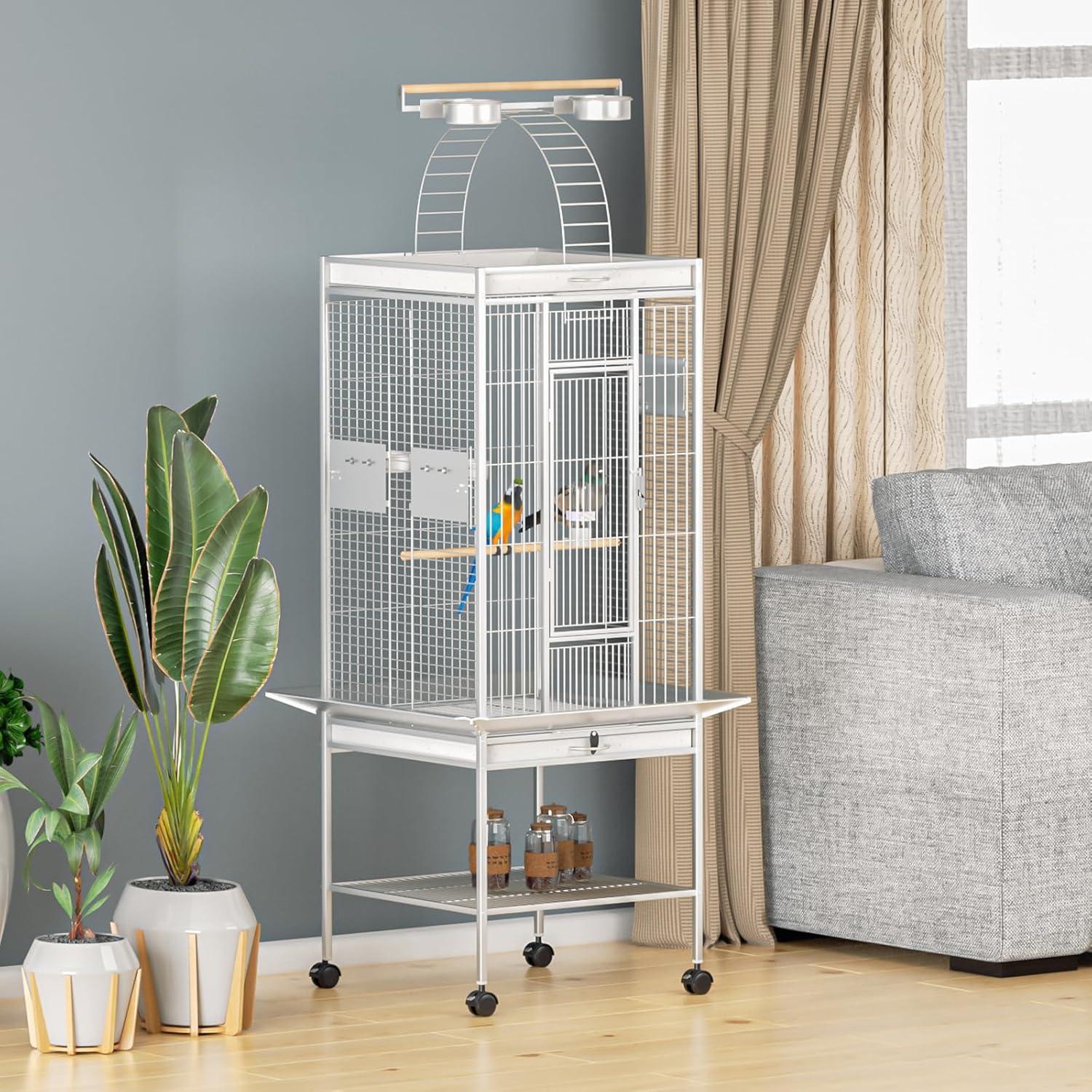 MoNiBloom 61" Large Rolling Bird Cage with 2 Perches and 4 Doors, heavy-duty wrought iron Bird Cage for Cockatiel, Sun Conure, Parakeet, Finch, Budgie, Lovebird and Canary Birds, White