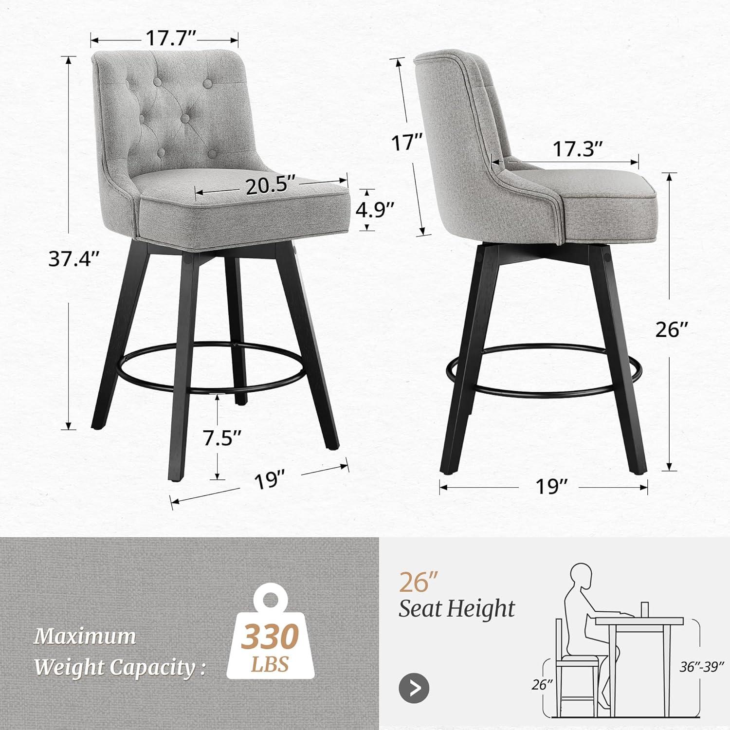 26'' Gray Linen Upholstered Swivel Bar Stools with Wood Legs