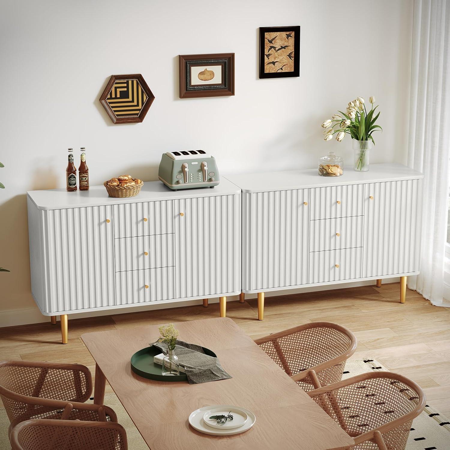 Lunale 48" 3-Door Storage Buffet Cabinet, Cabinet with Vertical Stripes Design Doors and Metal Handles for Living Room, White