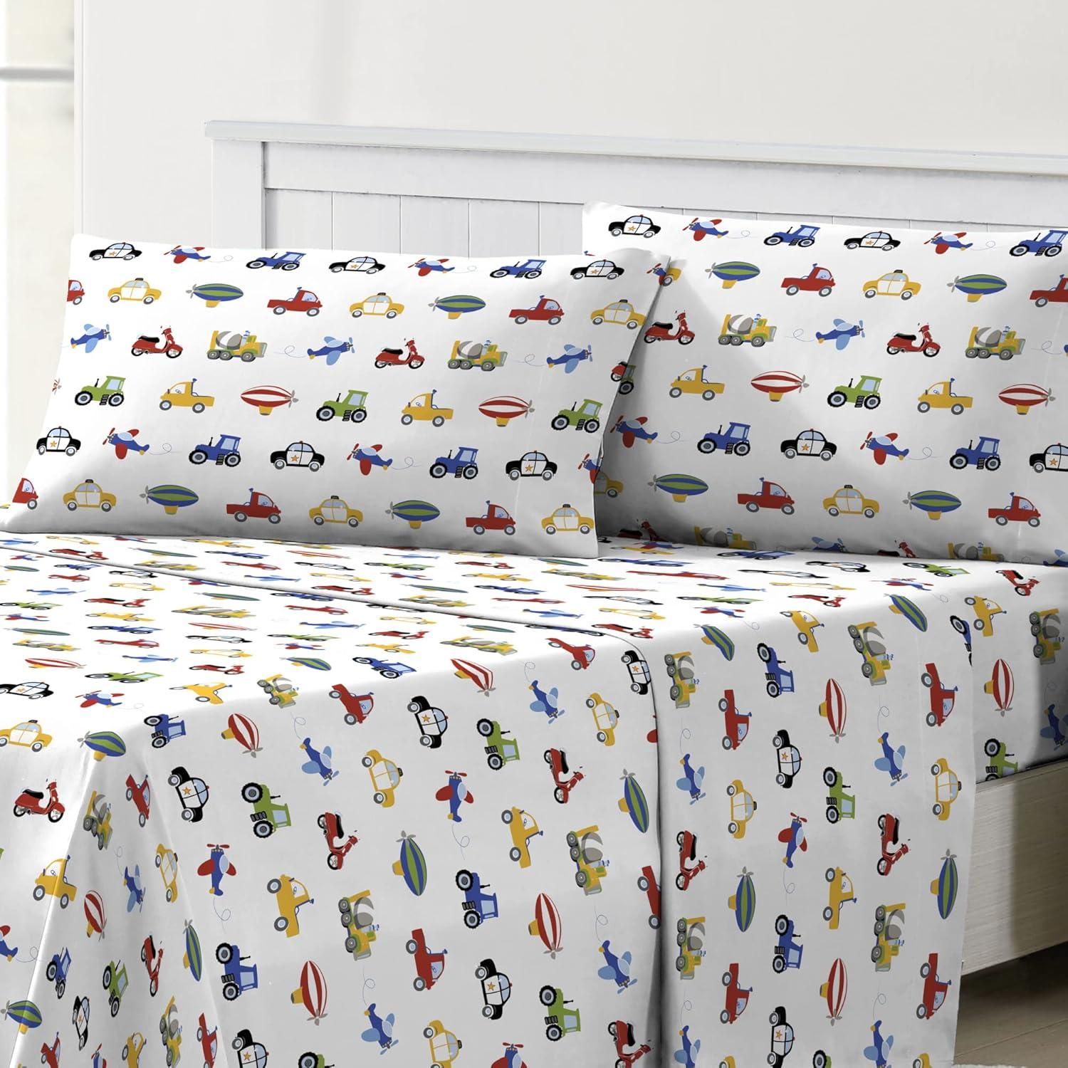 Twin Blue Microfiber Kids Vehicle Print Sheet Set