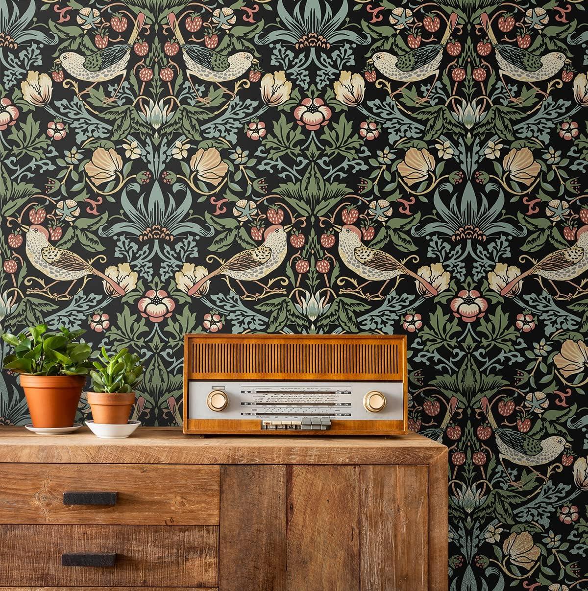 NextWall Aves Garden Peel and Stick Wallpaper Black: Whimsical Vintage Bird & Floral Design, Repositionable, Washable