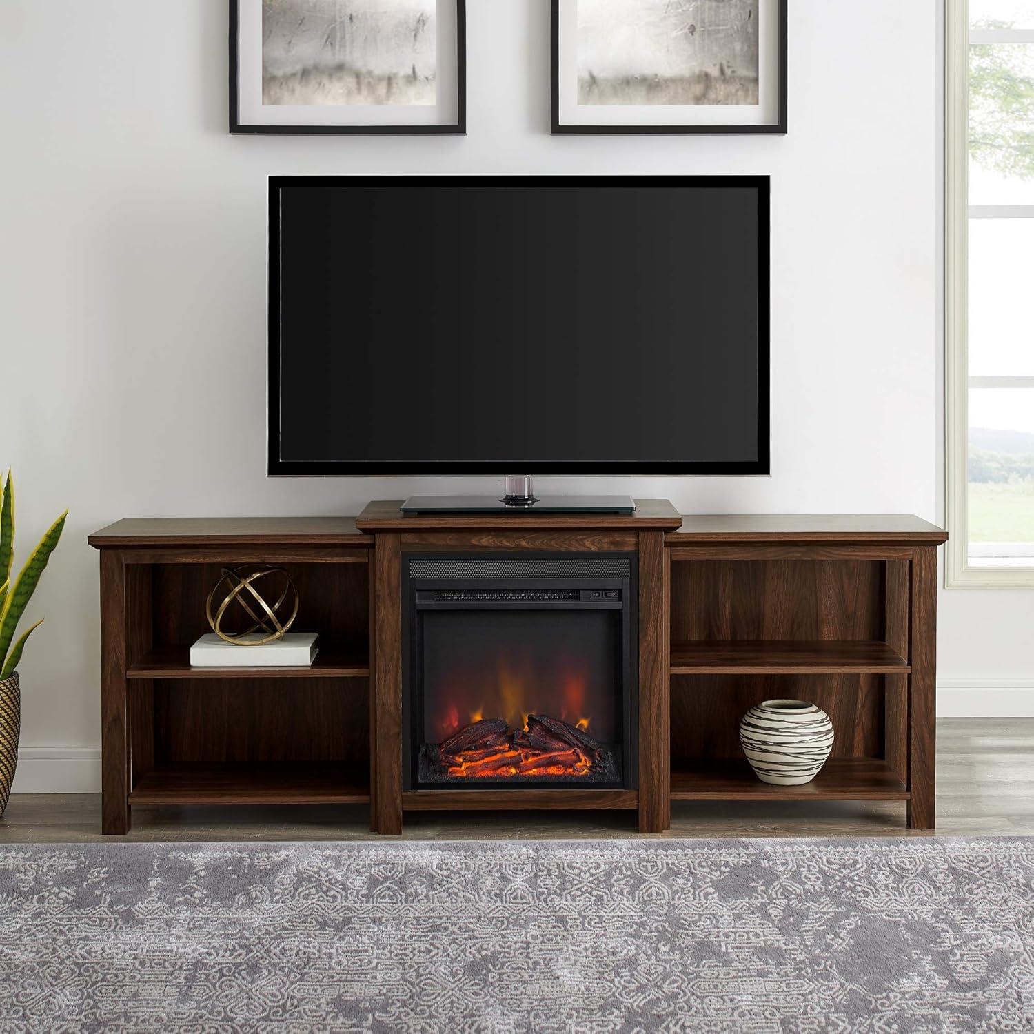 Tiered Dark Walnut 70" TV Console with Electric Fireplace and Open Shelves