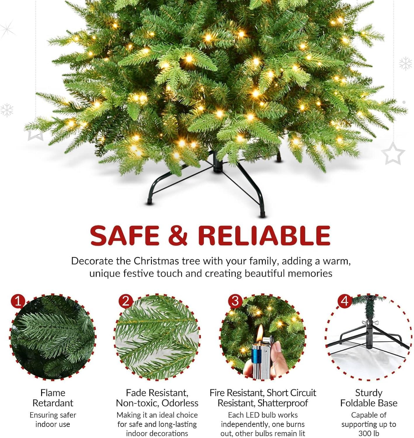 PAPROOS Prelit Christmas Trees, 5FT Artificial Christmas Tree with 250 Warm White LED Lights and 850 Branch Tips, Indoor Prelit Xmas Tree for Holiday Decor, Green