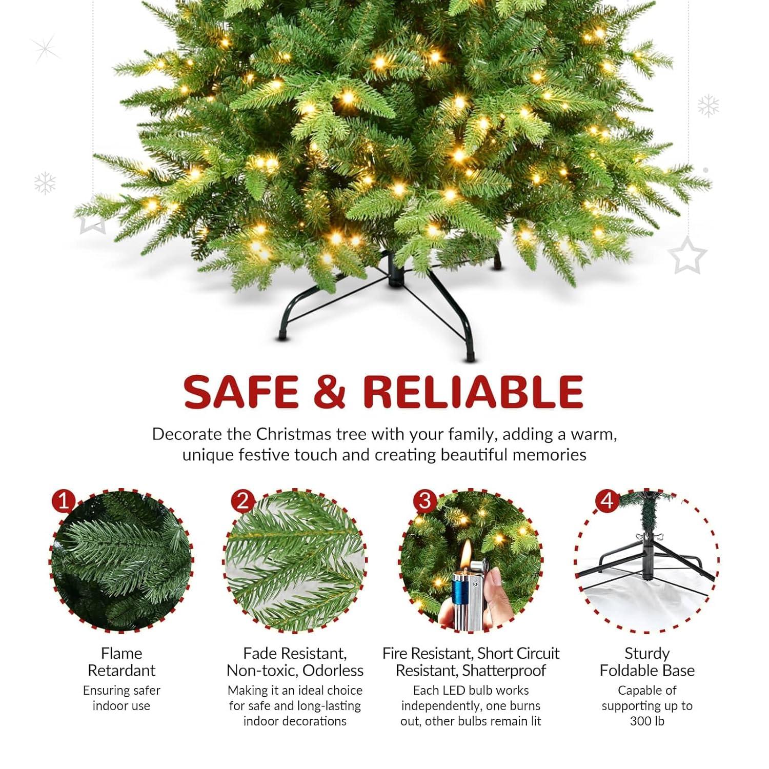 PAPROOS Prelit Christmas Trees, 5FT Artificial Christmas Tree with 250 Warm White LED Lights and 850 Branch Tips, Indoor Prelit Xmas Tree for Holiday Decor, Green