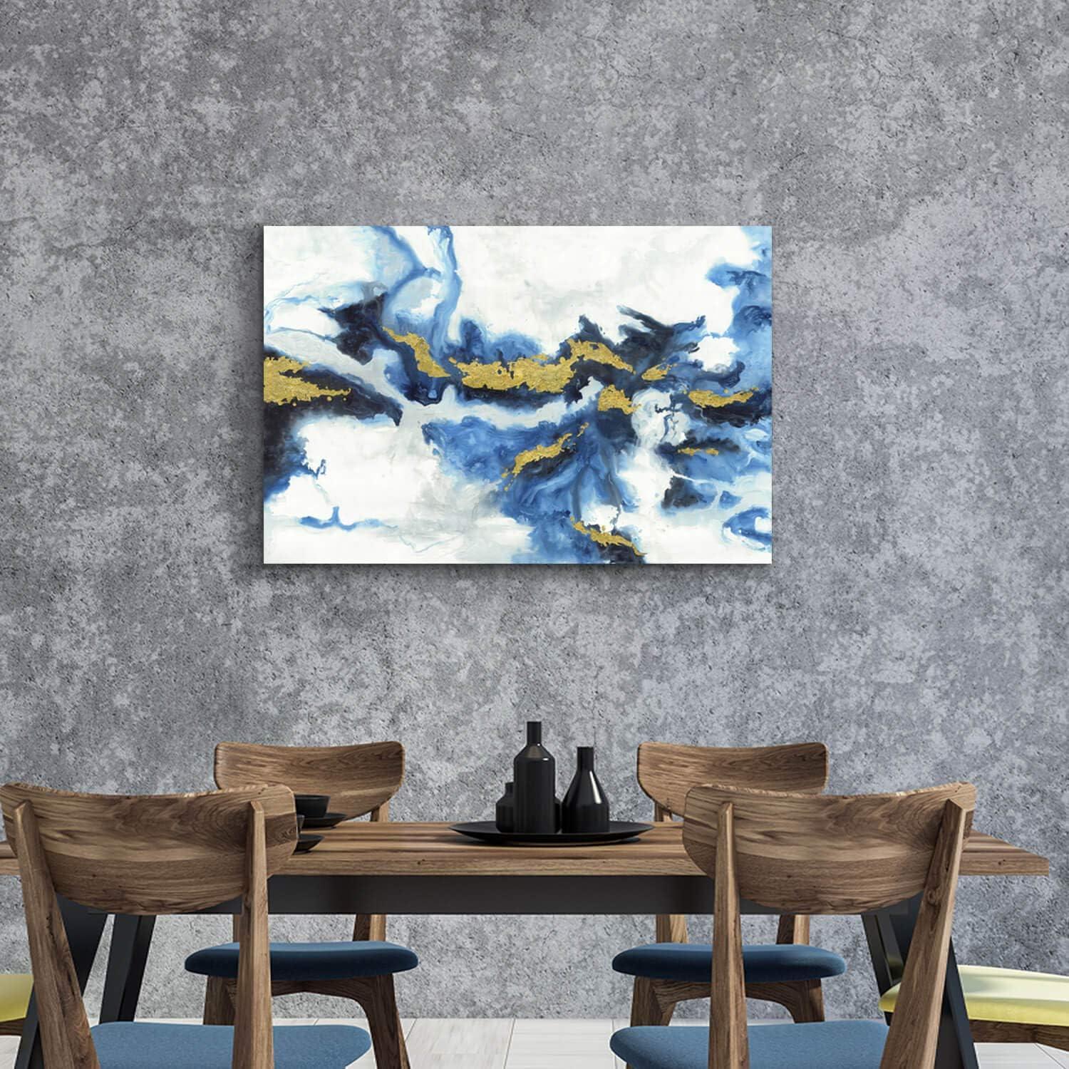 Blue And Gold Wall Decor Set Abstract Canvas Wall Art Decor Colorful Oil Painting Artwork Picture For Bedroom Living Room Bathroom Decorations Aesthetic(12''''x16'''')