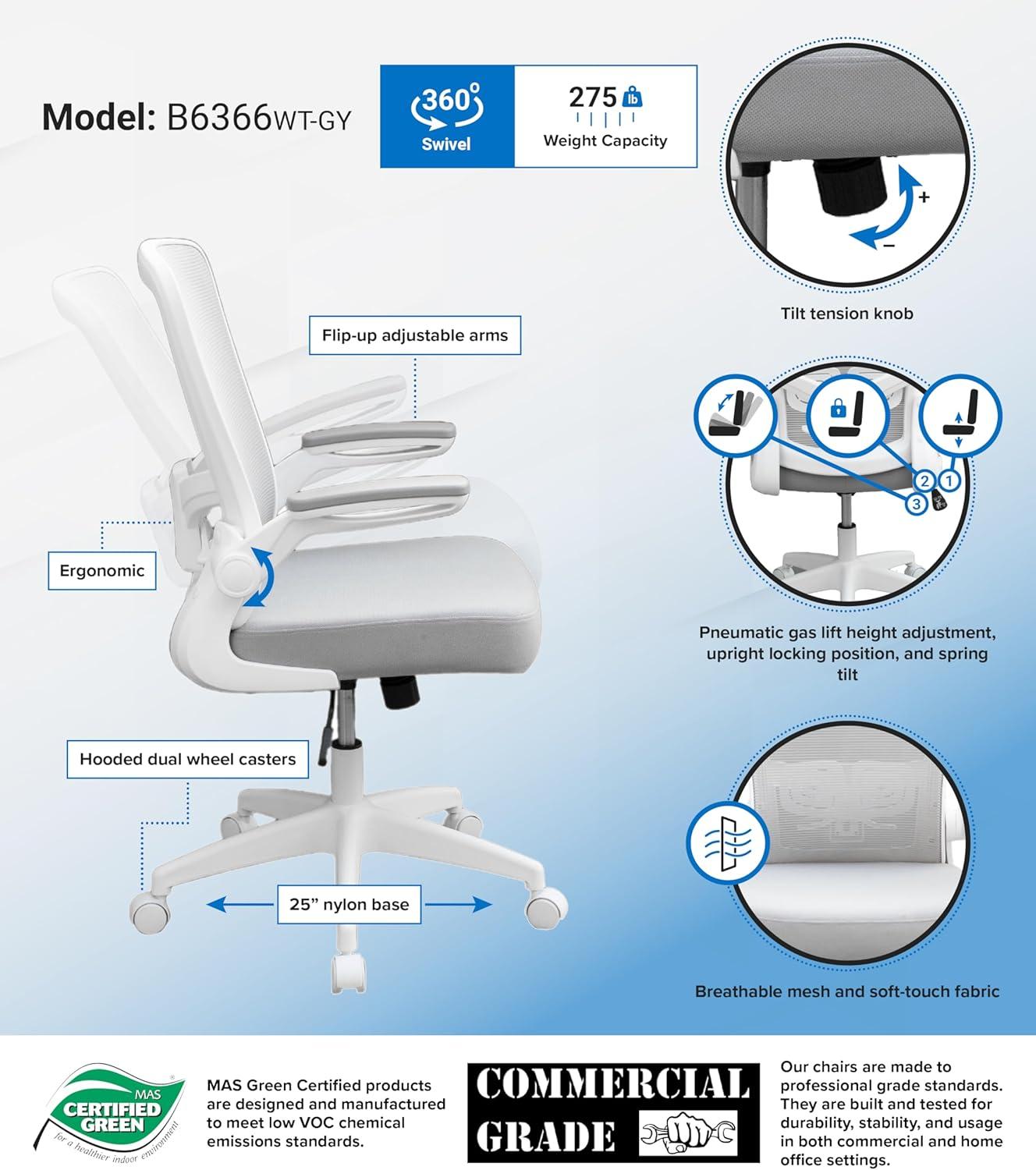 Boss Grey Mesh, Flip Arm, Task Chair, White Frame