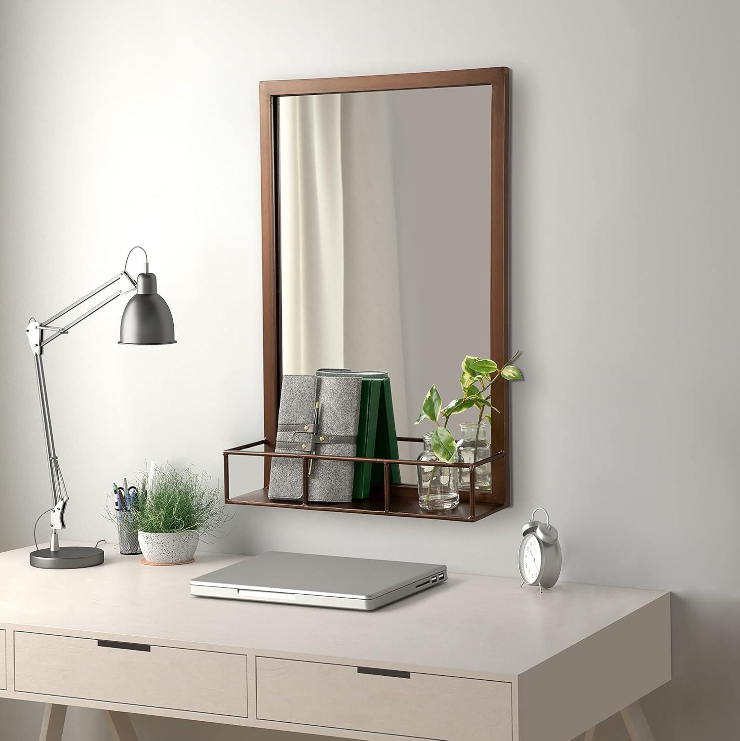 20" x 30" Jackson Metal Framed Decorative Wall Mirror with Shelf Bronze - Kate & Laurel All Things Decor: Modern Rectangle