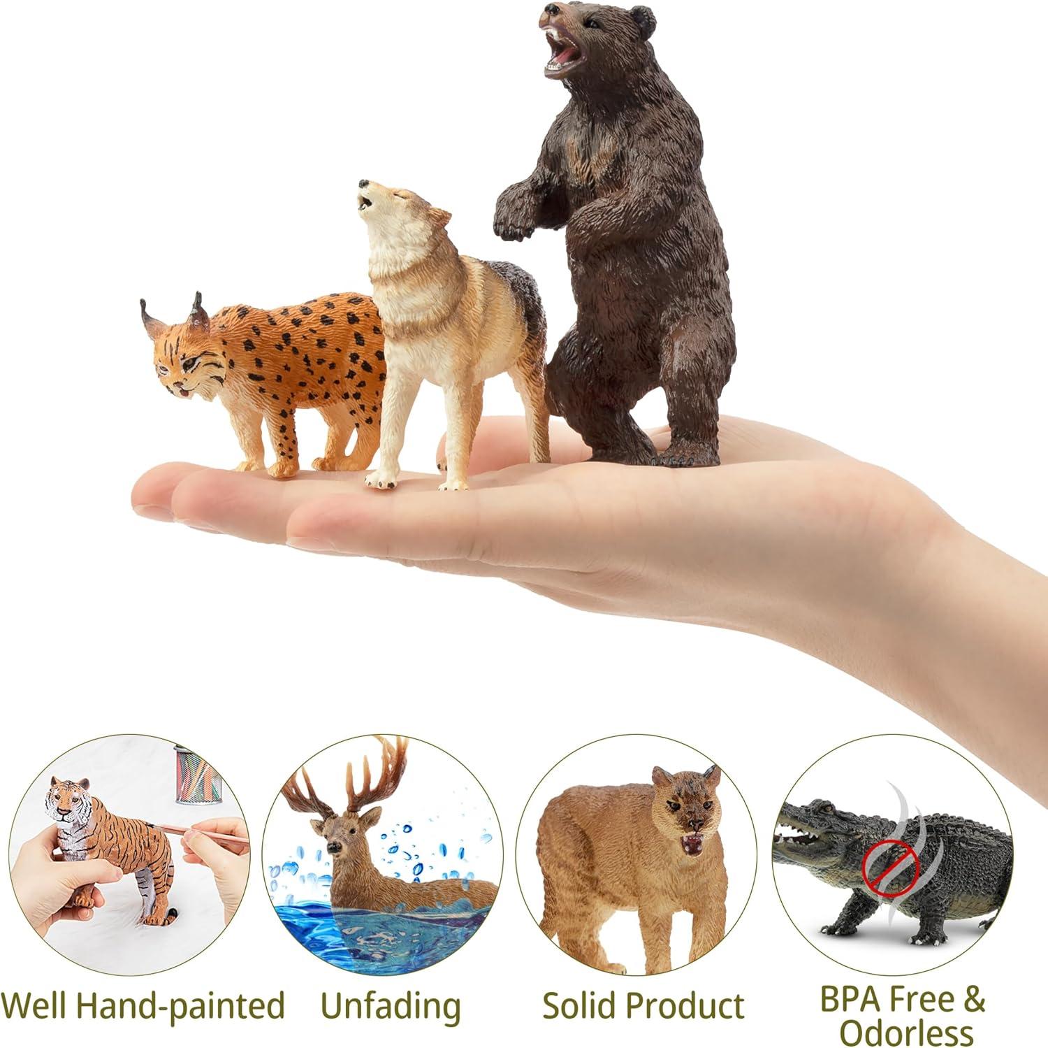 Toymany 12PCS North American Forest Animal Figurines, Realistic Jungle Animal Set Includes Raccoon,Lynx,Wolf,Bear,Eagle, Educational Toy Cake Toppers Christmas Birthday Gift for Kids Toddlers