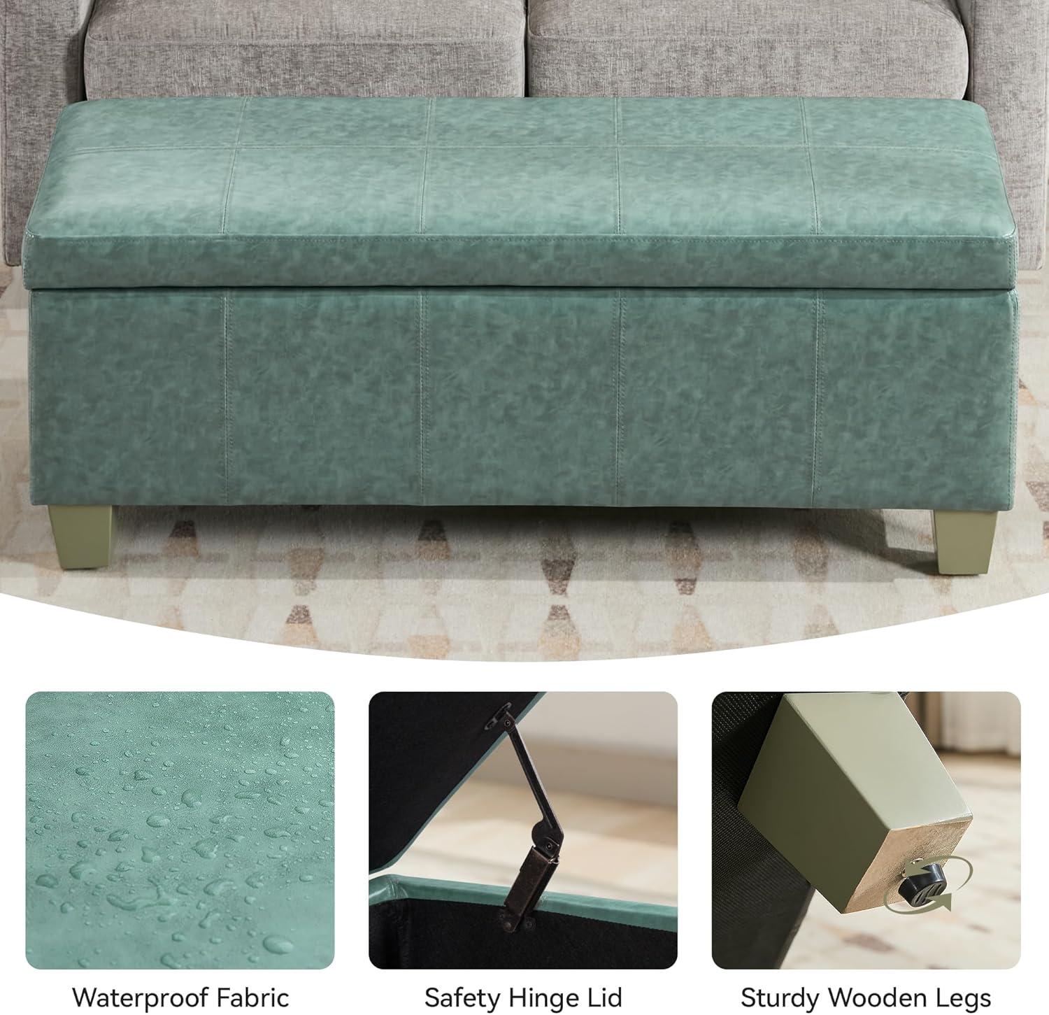 Ebern Designs Faux Leather Storage Ottoman, Rectangle Upholstered End Of Bed Storage Bench,  Stitch Tufted Bedroom Bench With Storage, Entryway Large Storage Ottoman With Wooden Legs
