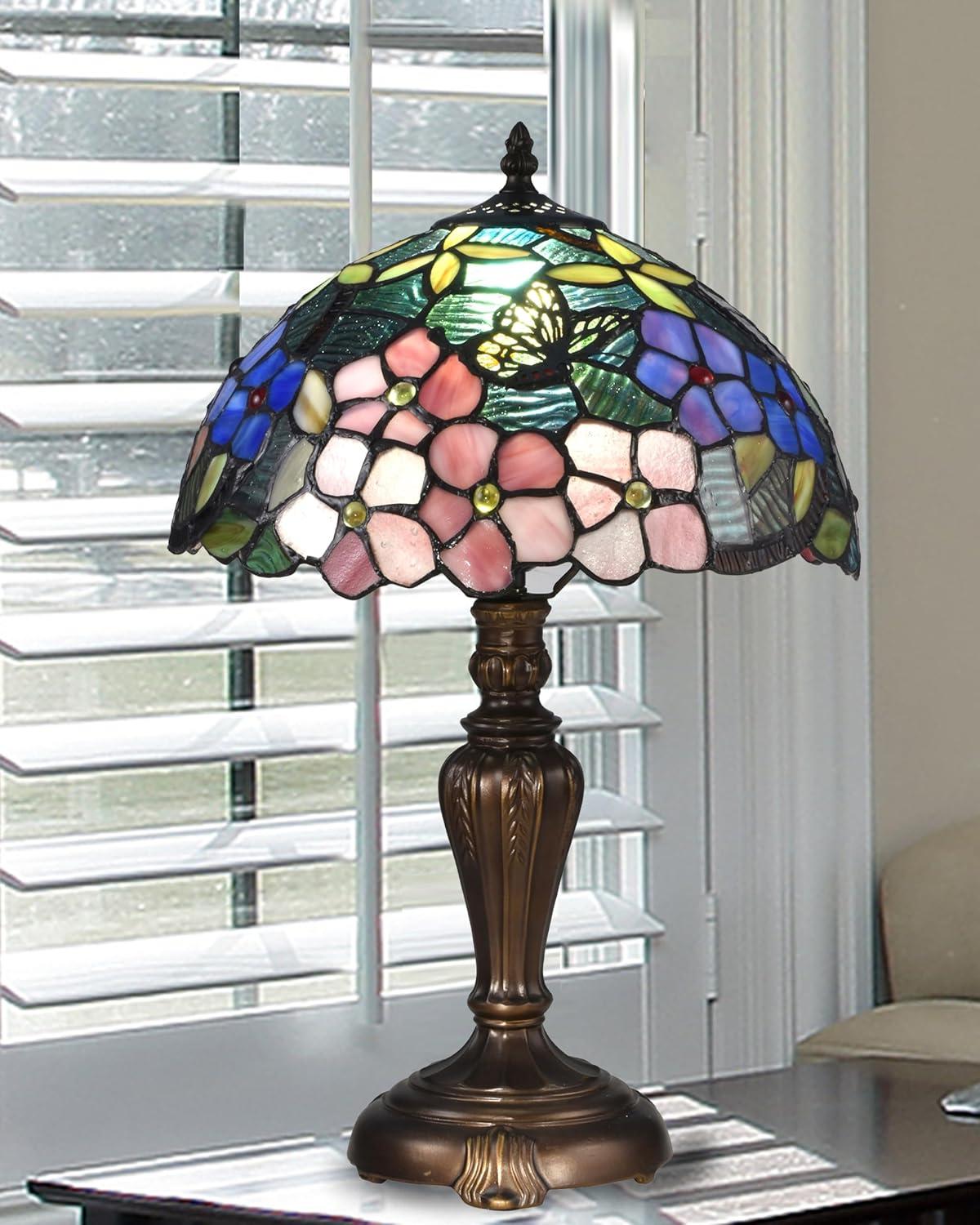 BY Family Handmade Fox Peony Tiffany Table Lamp With Antique Bronze Base And Floral Dome Shade