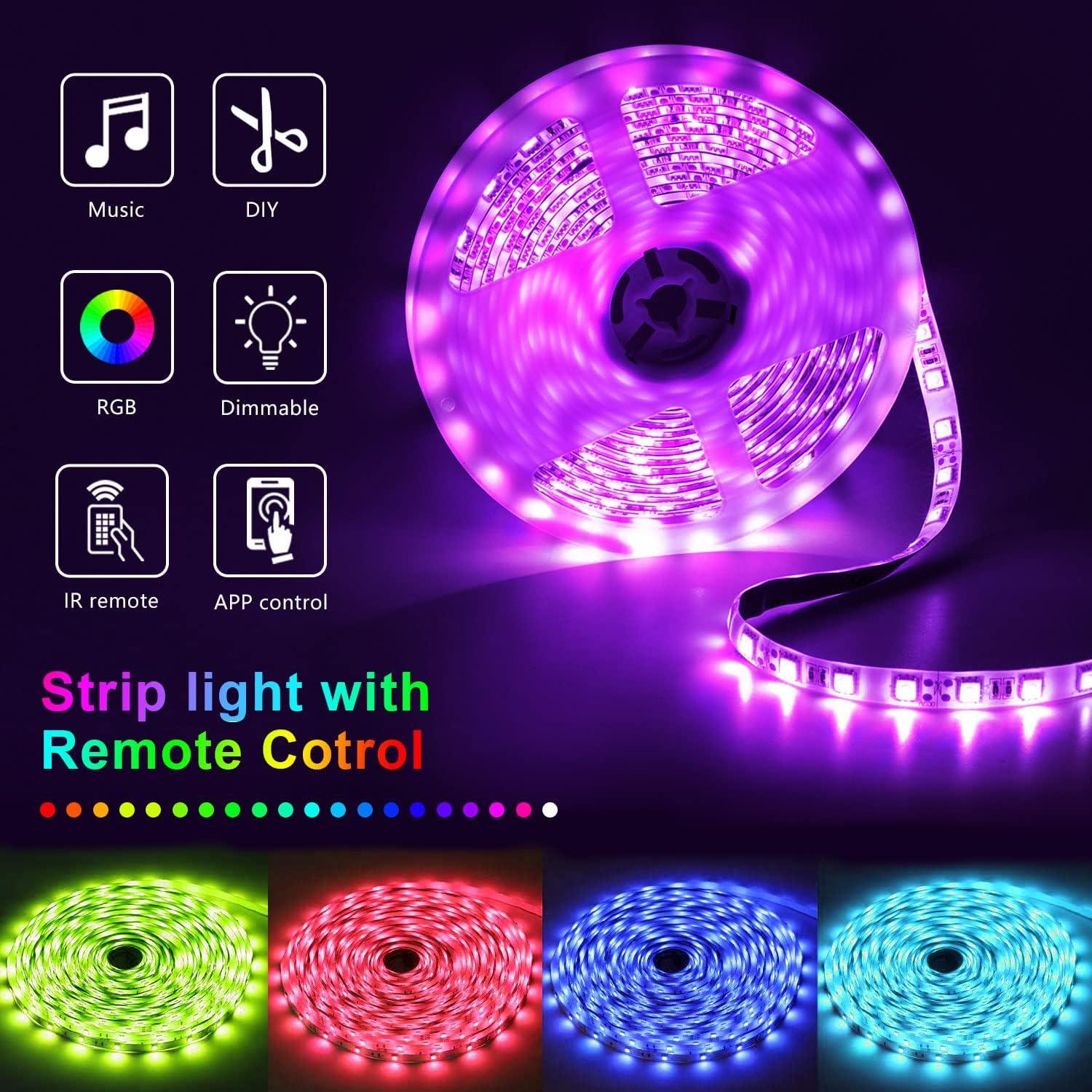 50ft Multicolor LED Strip Lights with Music Sync and Remote Control