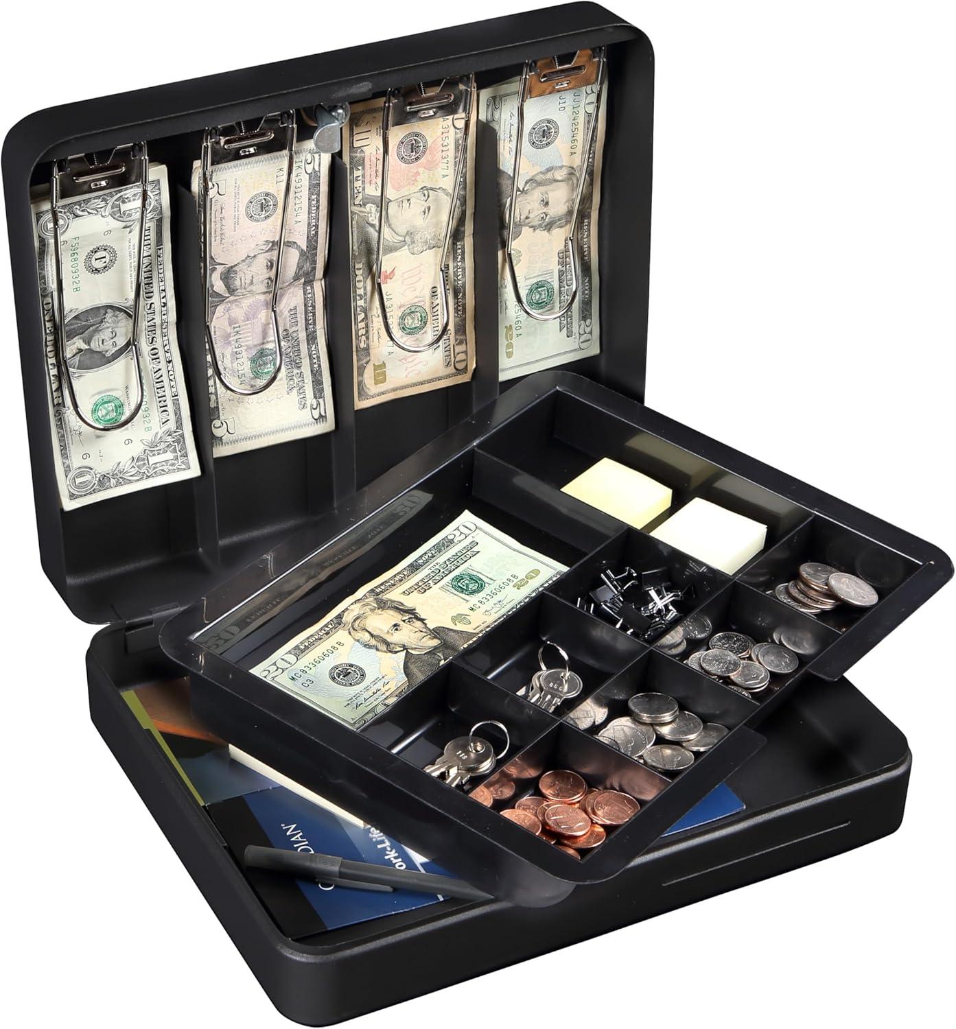 Honeywell Deluxe Steel Cash Box: Black Key Lock Safe with Removable Tray, 0.23 Volume, No Assembly Required