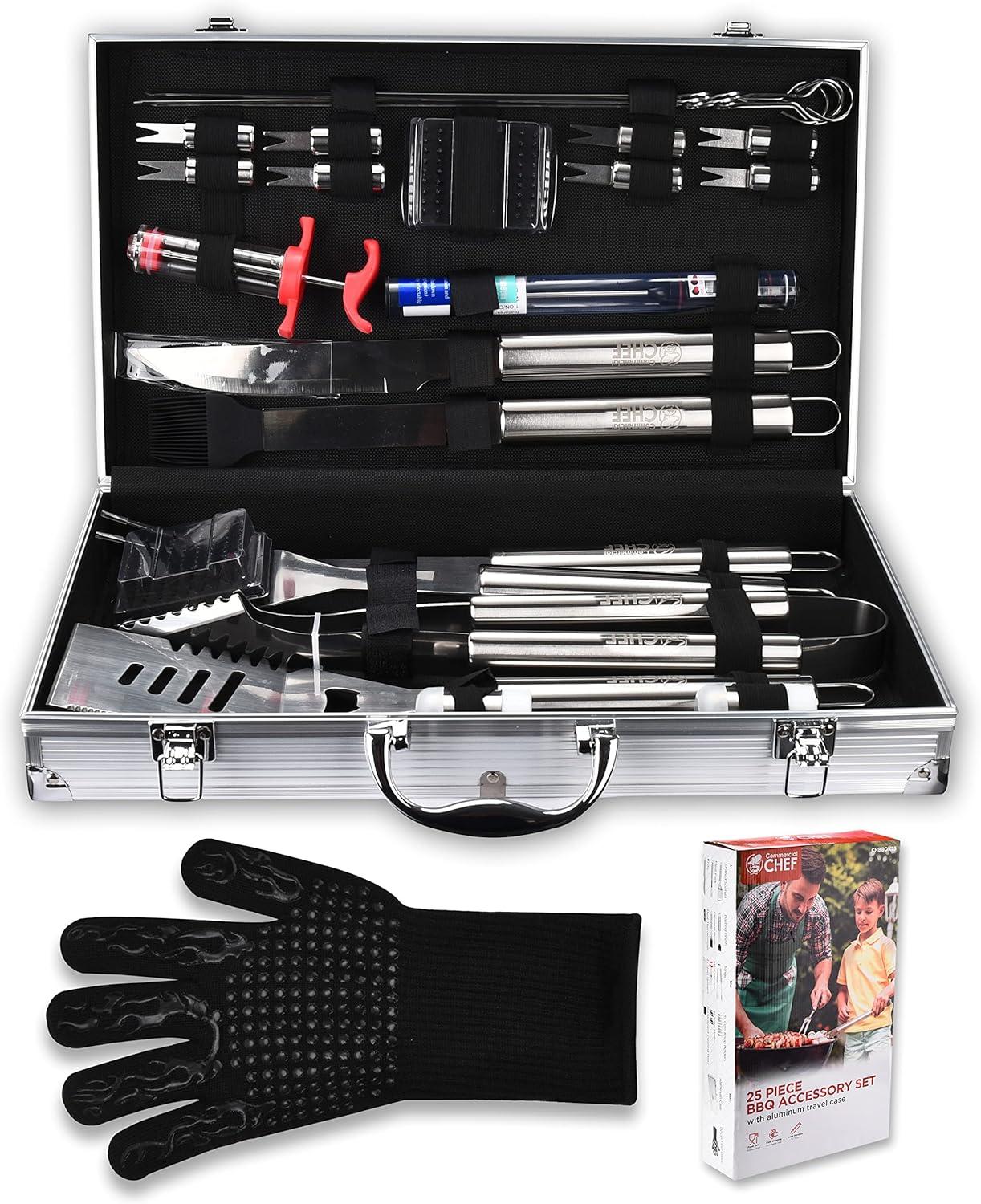 Commercial Chef 25 Piece Stainless Steel Barbeque Grill Accessories Tool Set with Aluminum Hard Case