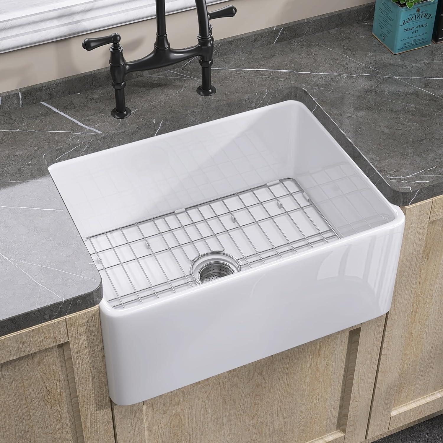 Small Farmhouse Sink 24 X18 White Fireclay Undermount Kitchen Sinks Deep Single Bowl Drop in Modern Apron Front Farm Sink For Kitchen with Protective Bottom Grid and Strainer