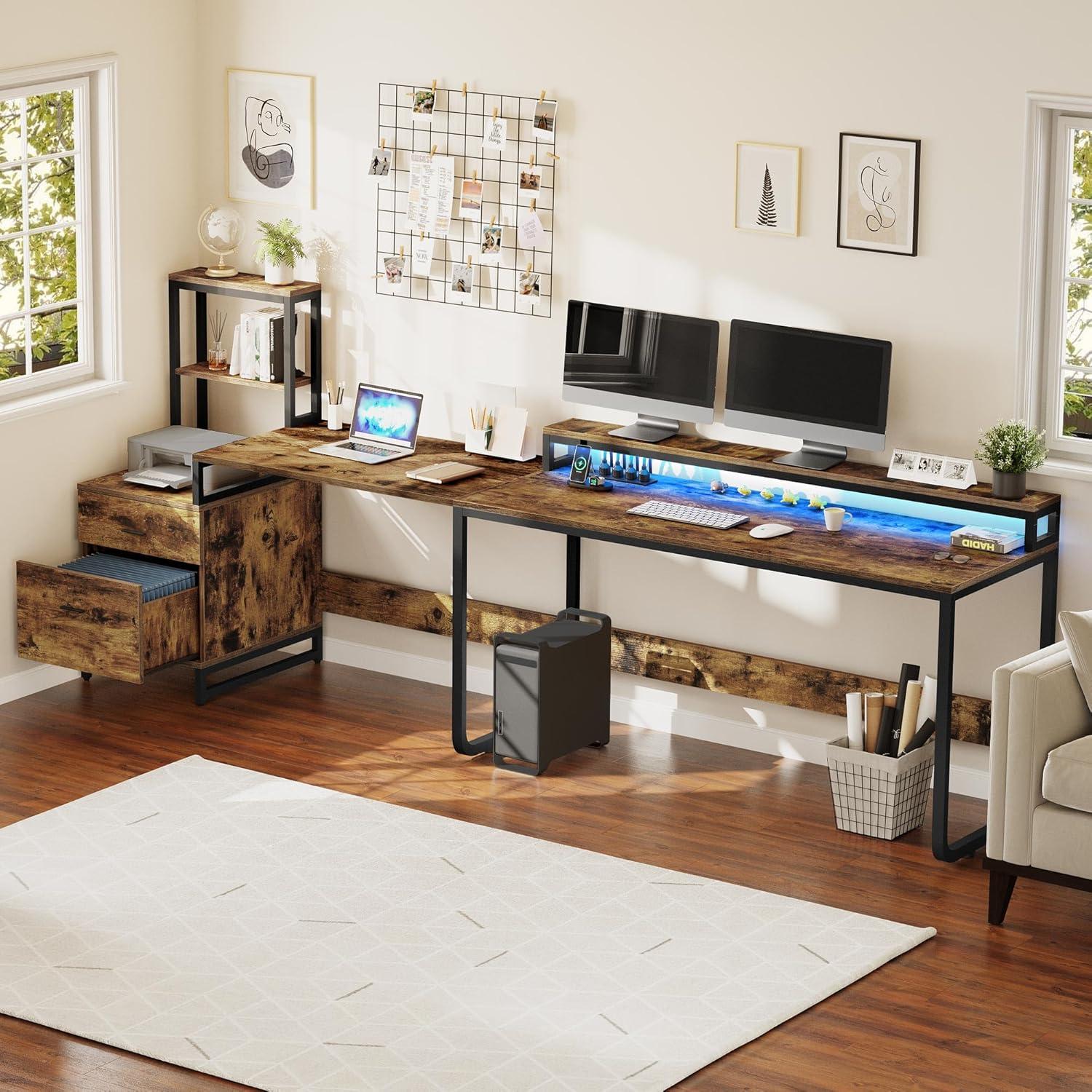 Rustic Brown L-Shaped Computer Desk with Power Outlets and Filing Cabinet