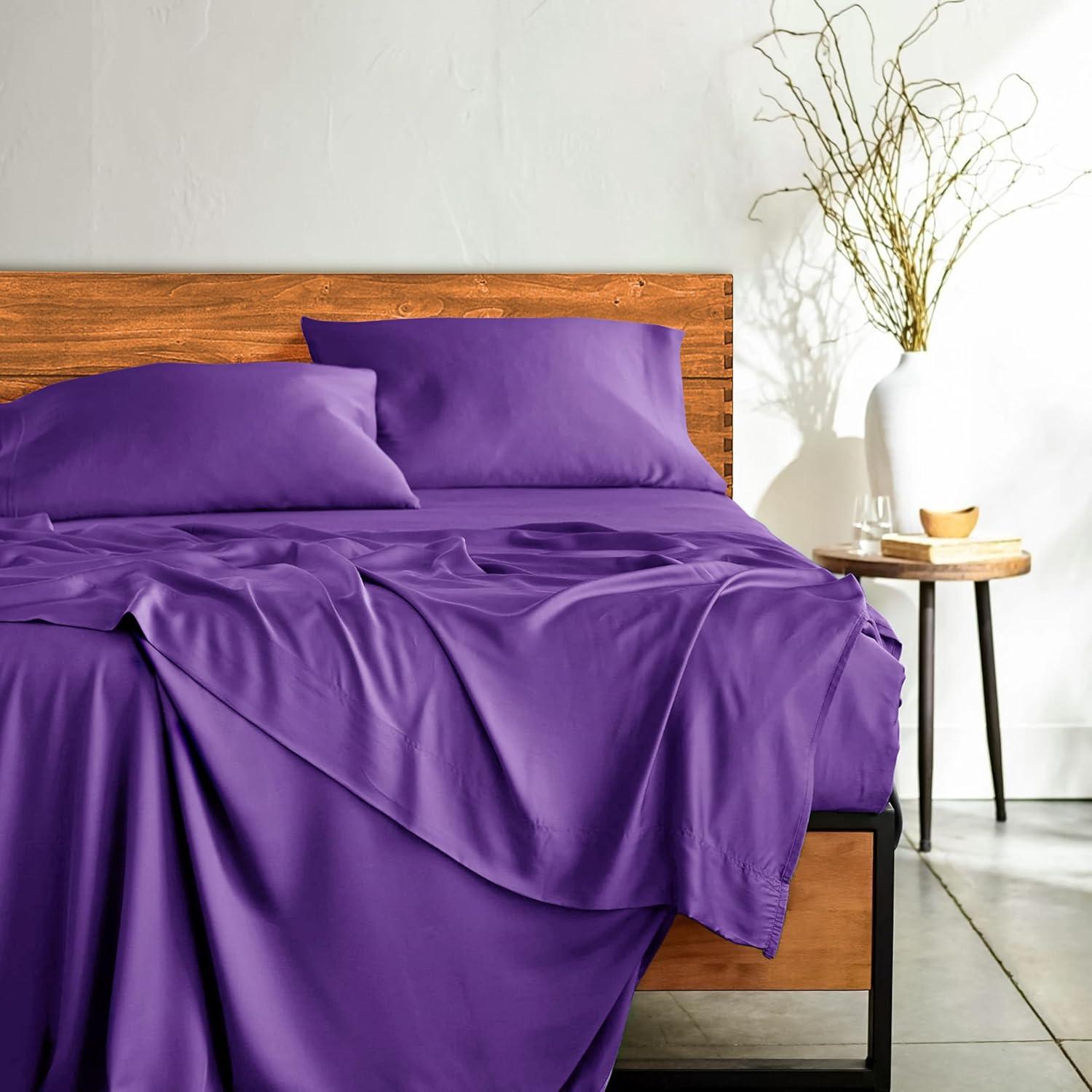 Twin 3 PC Piece Rayon From Bamboo Sheets Solid Deep Pocket Sheet Set - Purple