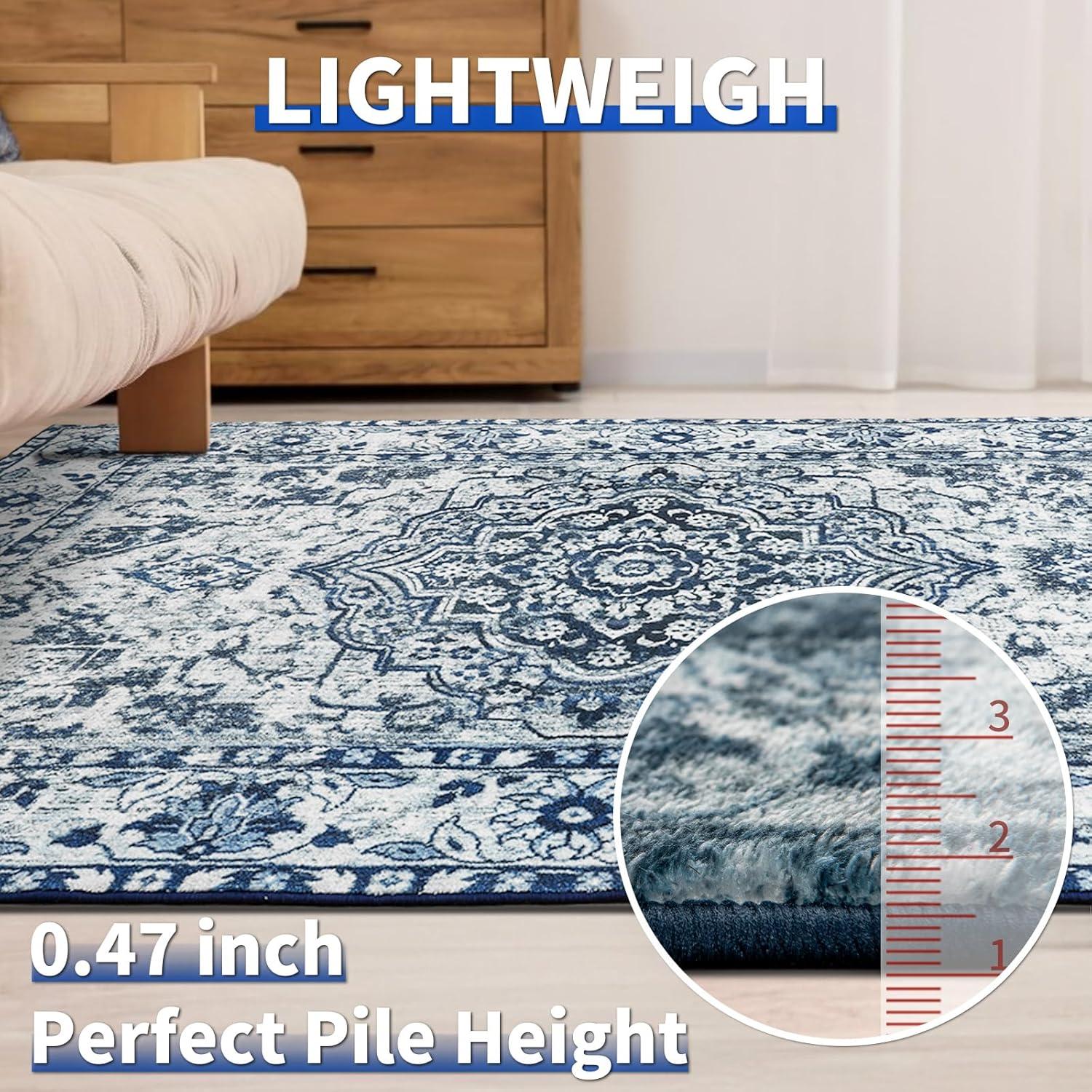 Soft Area Rug 5x7, Washable Living Bedroom Rug Low-Pile Vintage Rugs, Non-Slip Non-Shed Floral Print Accent Floor Carpet for Dining Room Home Office, Updated Blue