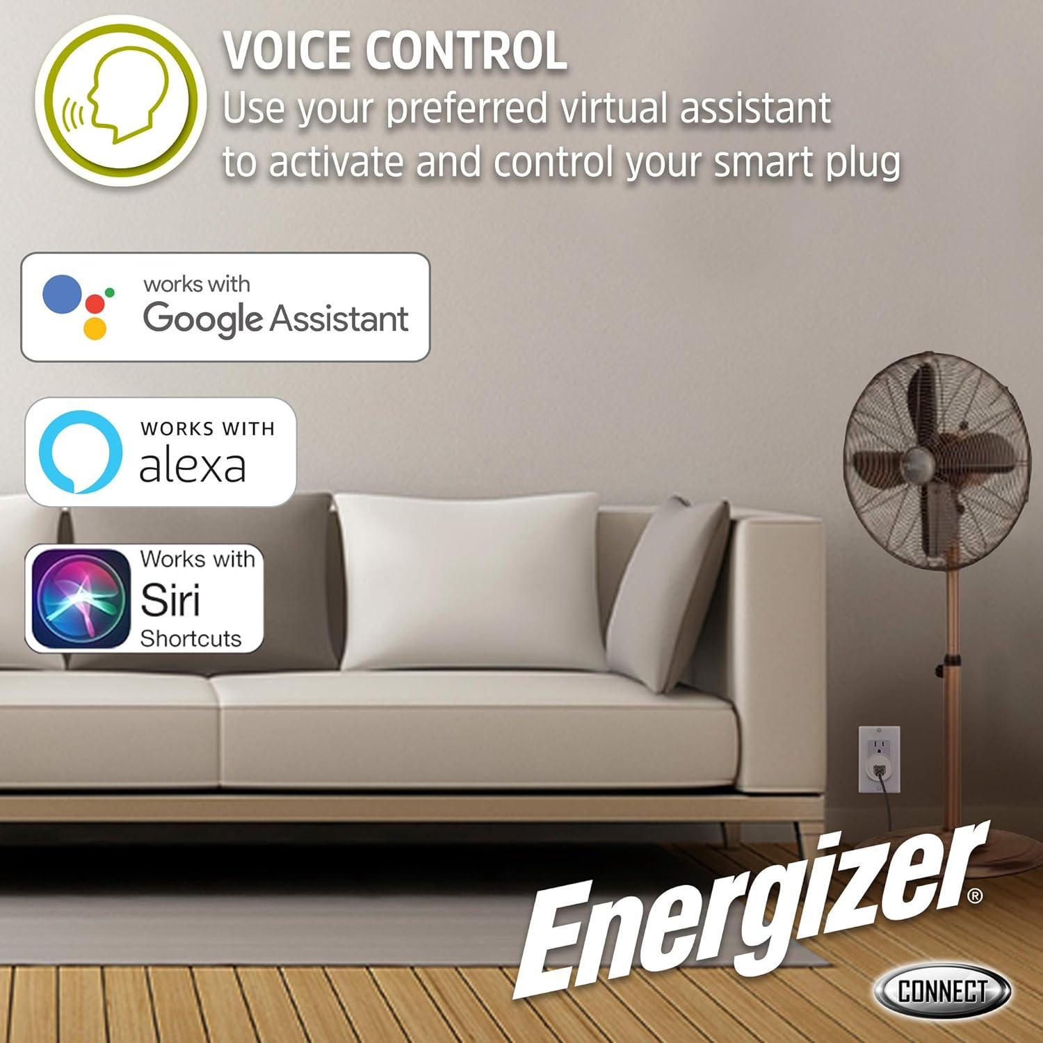 Energizer Smart Wi-Fi 15 Amp Wall Outlet Plug, Voice Control, Remote Access, Mobile App