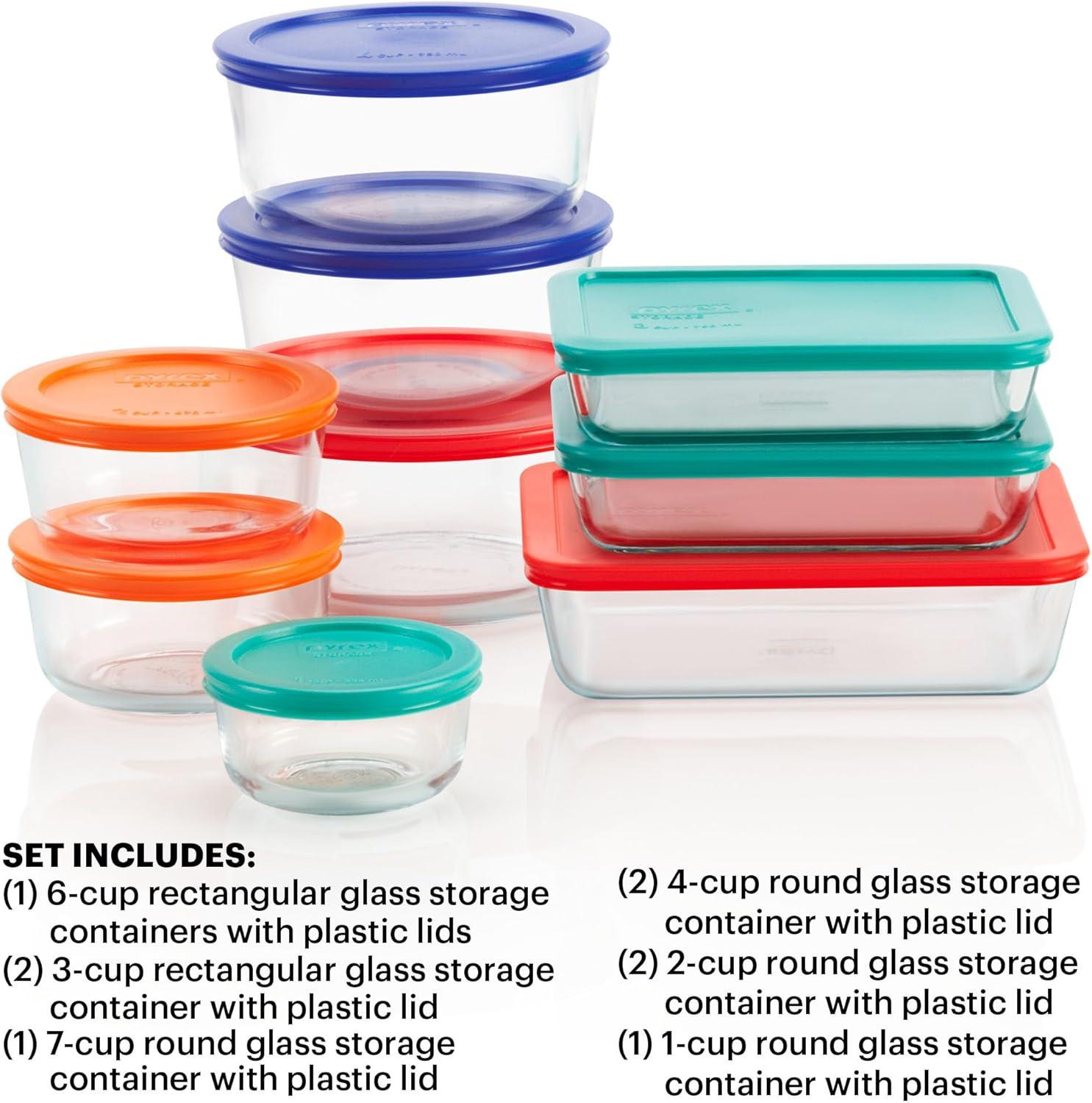 Pyrex 781147970080 18-Piece Glass Food Storage Set with Multi-Color Lids, Clear