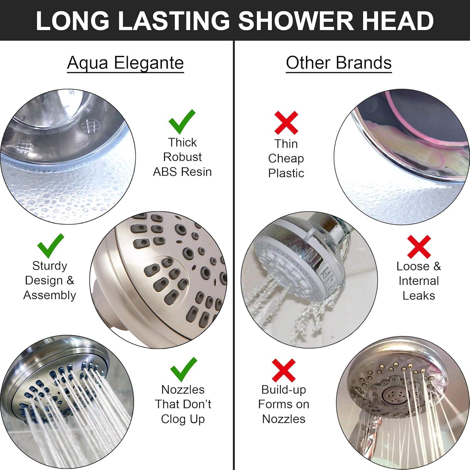 Aqua Elegante Brushed Nickel 1.8 GPM Luxury Shower Head, 6 Settings, BPA Free, Self-Cleaning Nozzles, Durable Brass Fittings