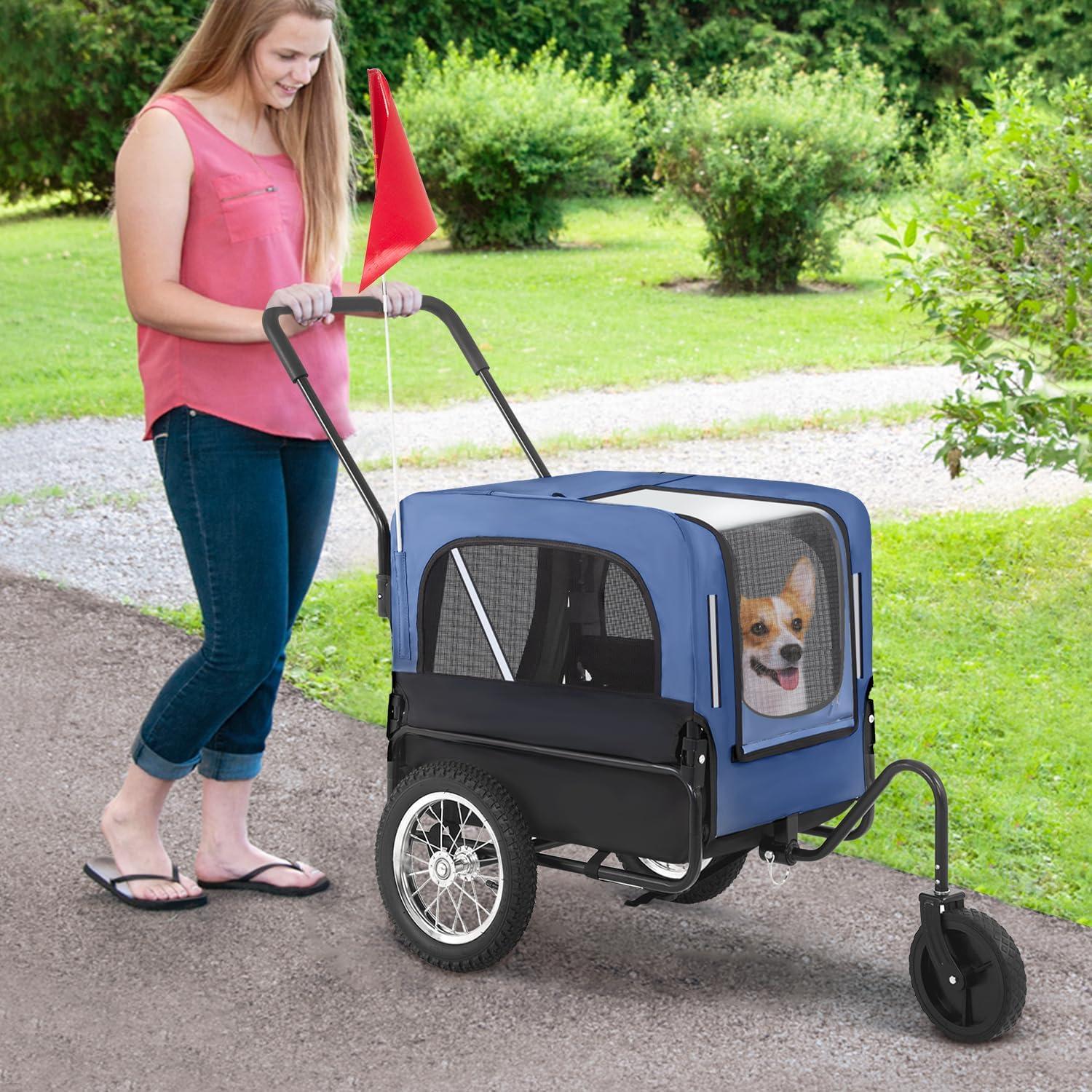 Blue 2-in-1 Dog Stroller and Bike Trailer with Mesh Windows