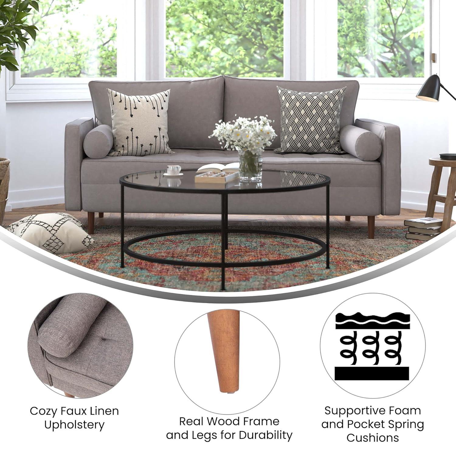 Flash Furniture Hudson Mid-Century Modern Sofa with Tufted Faux Linen Upholstery & Solid Wood Legs in Slate Gray