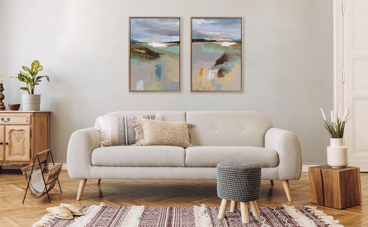 Kate and Laurel Sylvie Beaded Big Sur I and II Vintage Framed Canvas Wall Art Set by Nikita Jariwala, 2 Piece Set 23x33 Gold, Abstract Watercolor Landscape Art for Wall