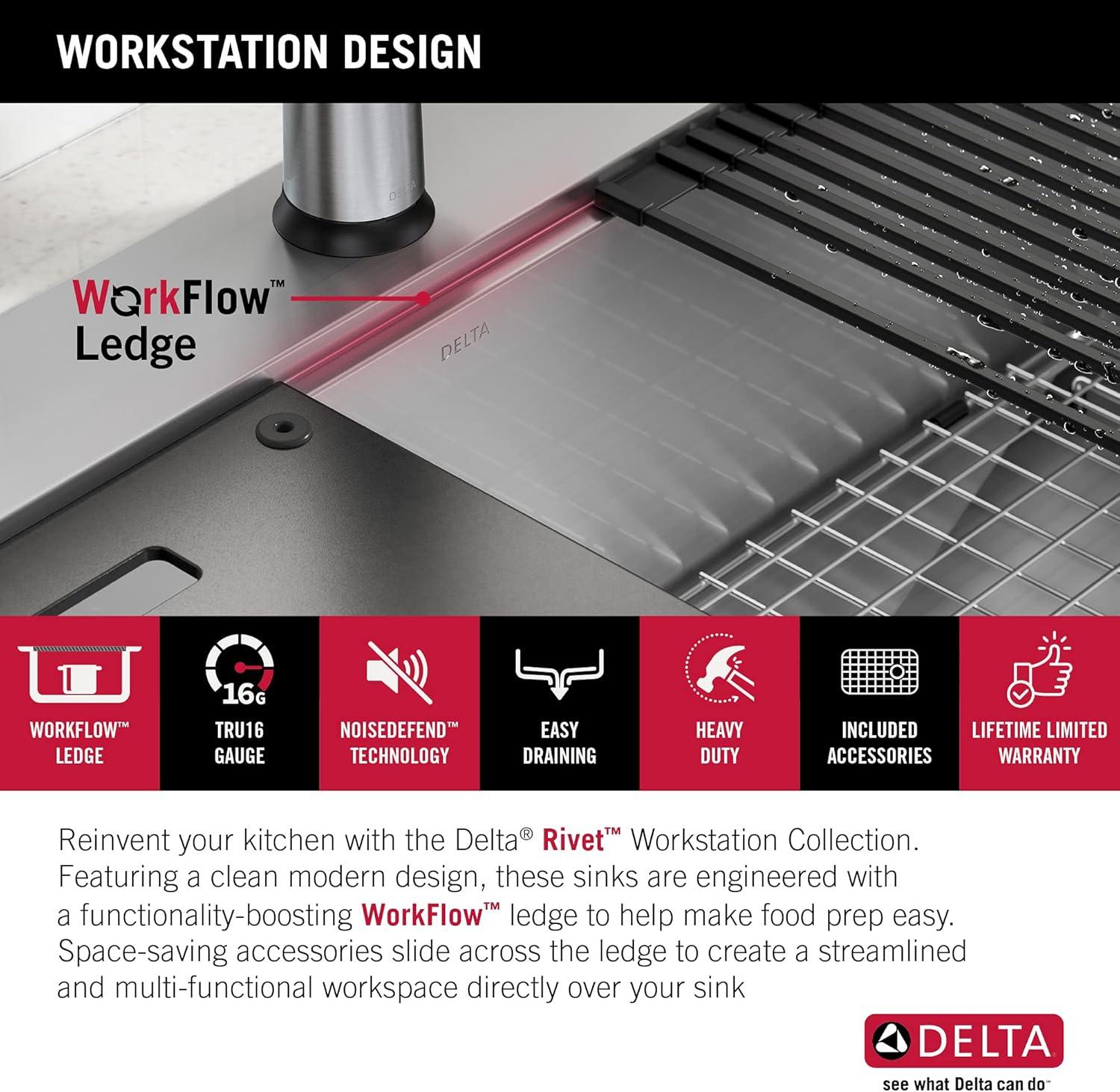 Delta Rivet™ 30" L Workstation Kitchen Sink Drop-In Top Mount 16 Gauge  Stainless Steel Single Bowl