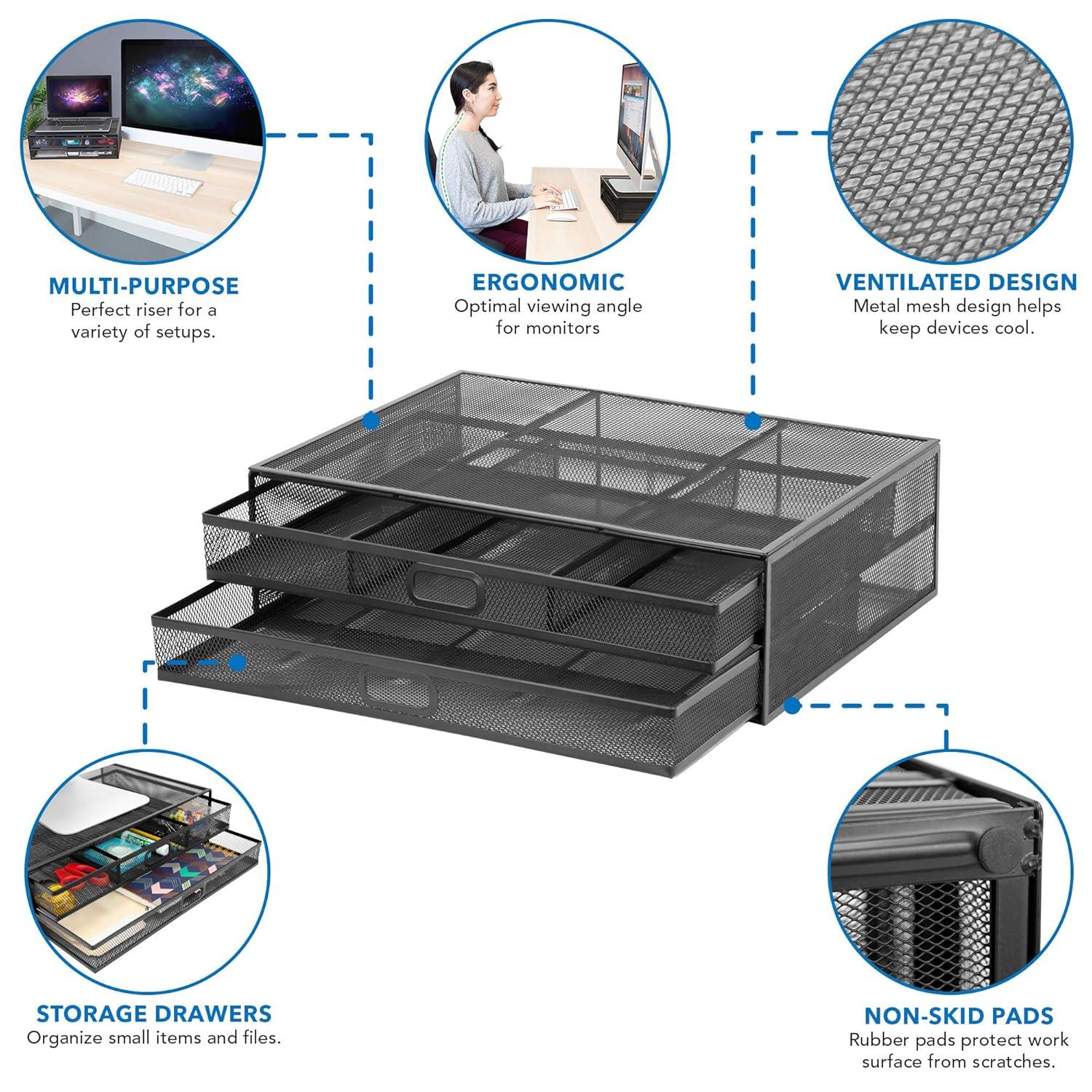 Mount-It! Mesh Computer Monitor Stand Riser with 2 Drawers, Black