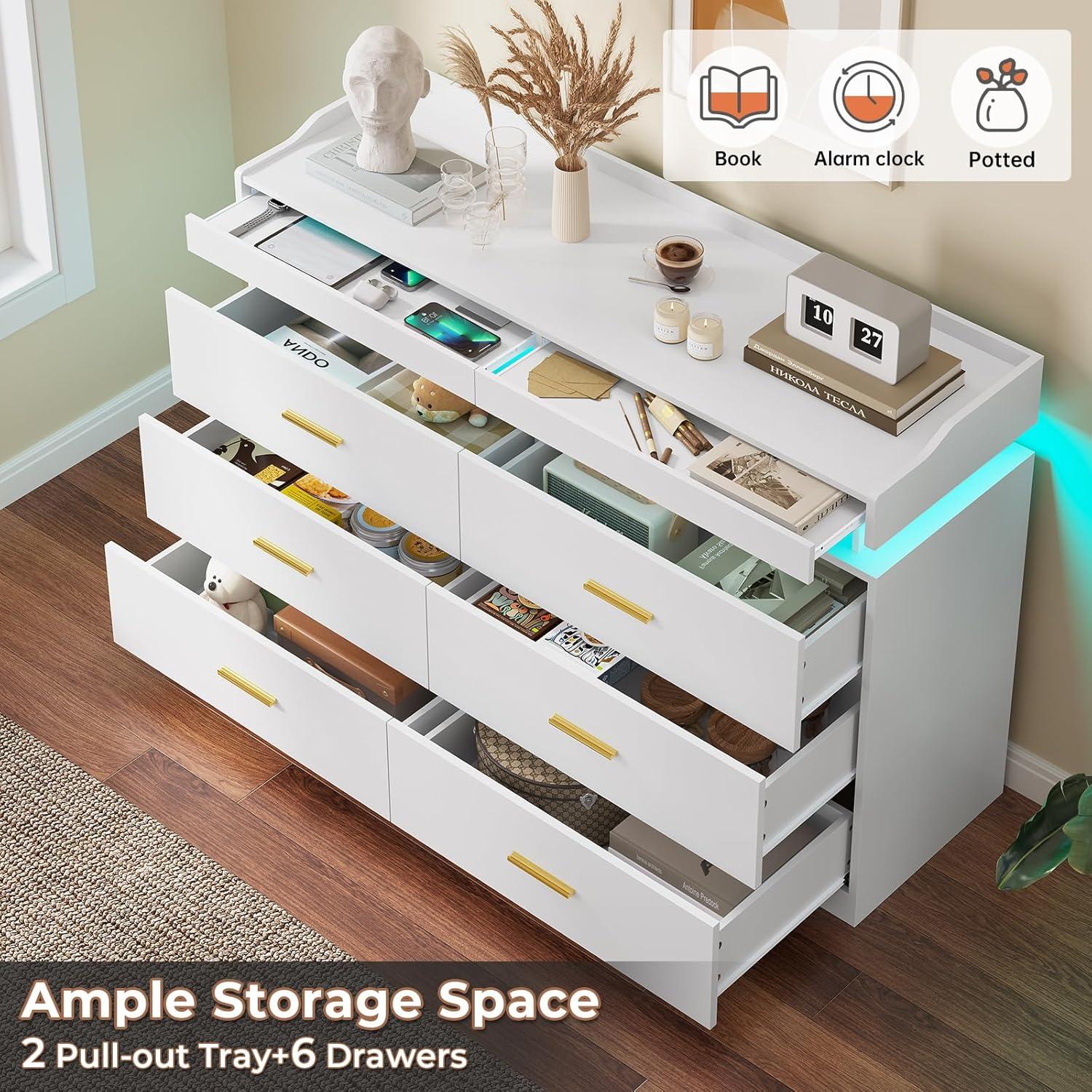 Modern LED Dresser for Bedroom, 6 Drawer Dresser with 2 Pull-Out Trays, Wide Dresser, White