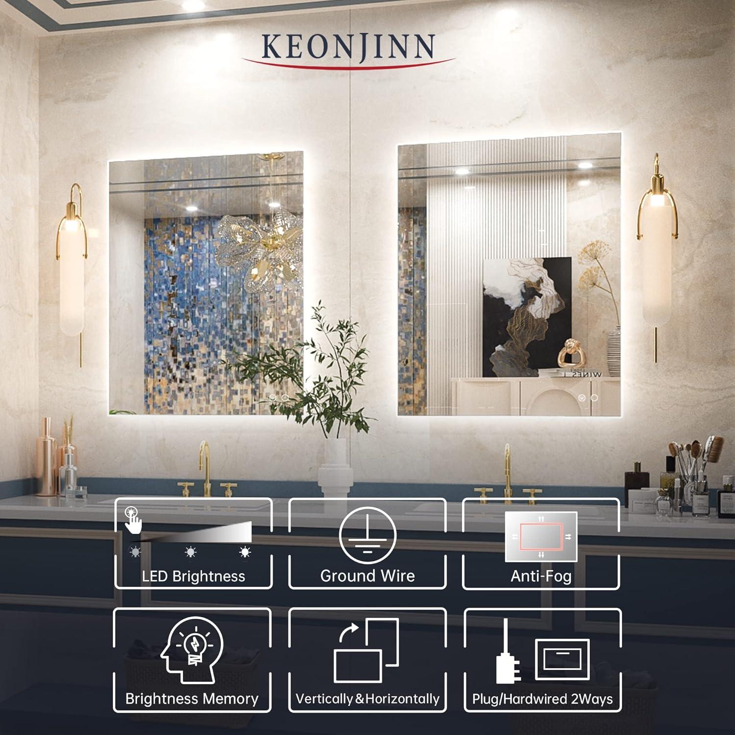 Keonjinn 36 x 28 inch Bathroom LED Mirror Backlit Wall Mounted Makeup Mirror Anti-Fog Vanity Mirror with Lights (Horizontal/Vertical)