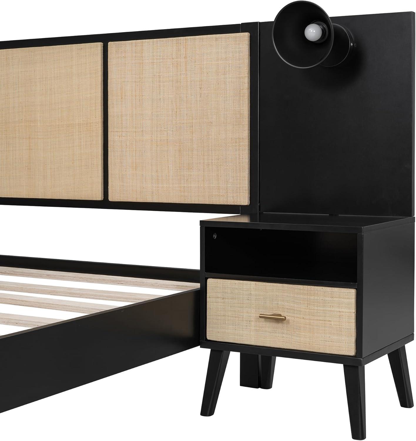 Queen Size Black and Rattan Solid Wood Bed Frame with Nightstands