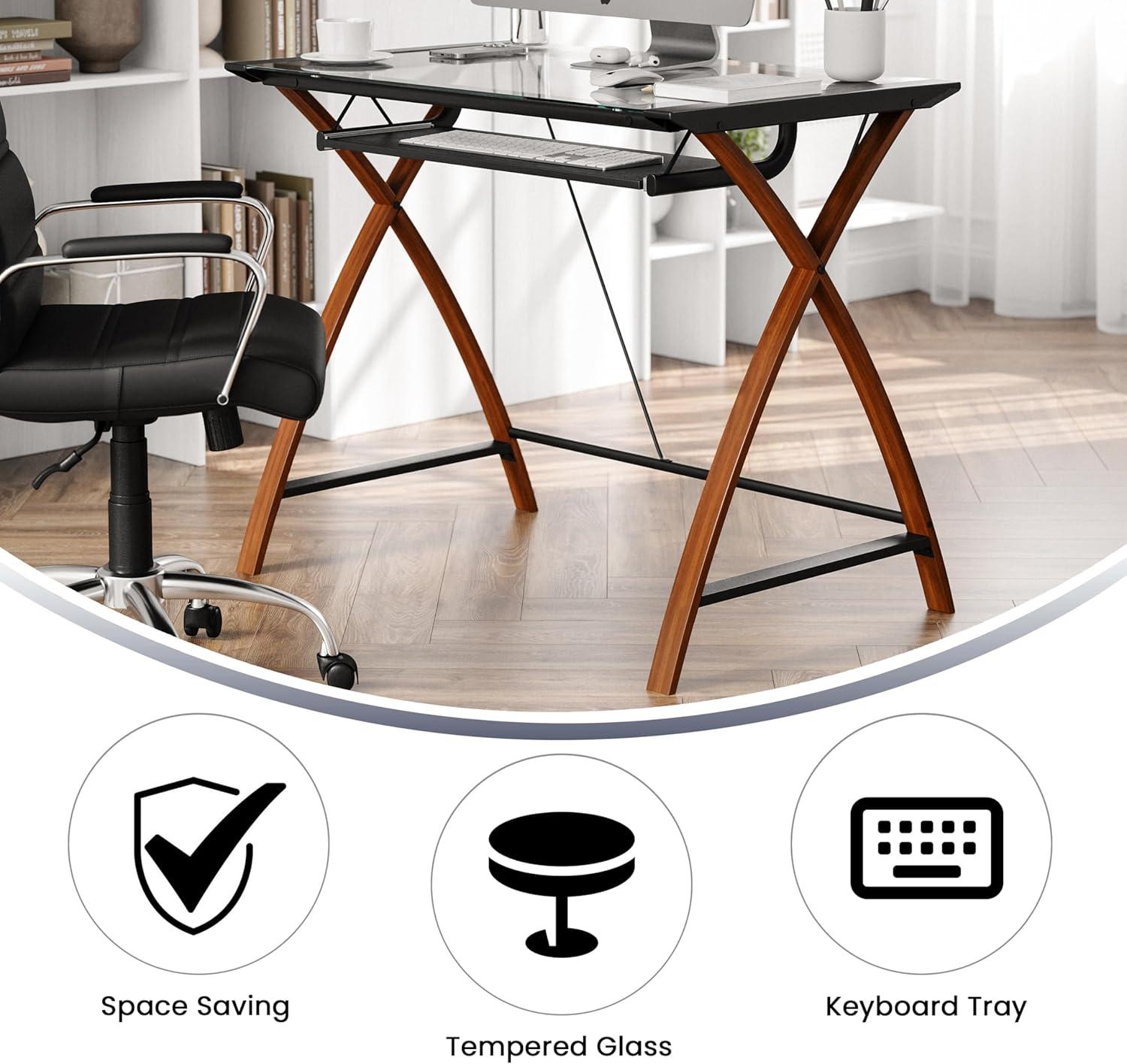 Flash Furniture Jude Tempered Glass Computer Desk with Pull-Out Keyboard Tray, Cherry/Clear