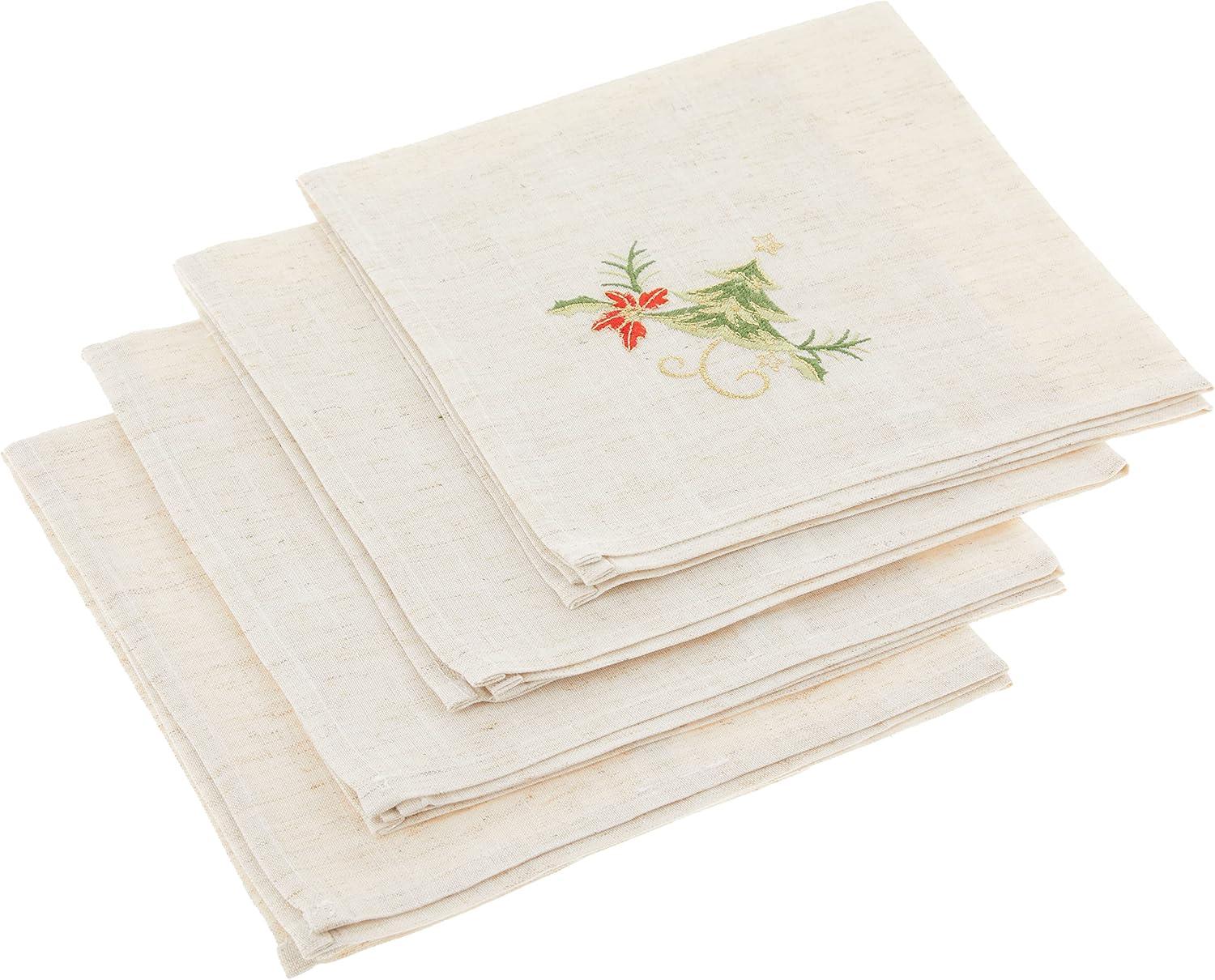 Natural Embroidered Christmas Tree Design Linen Blend Napkin Set