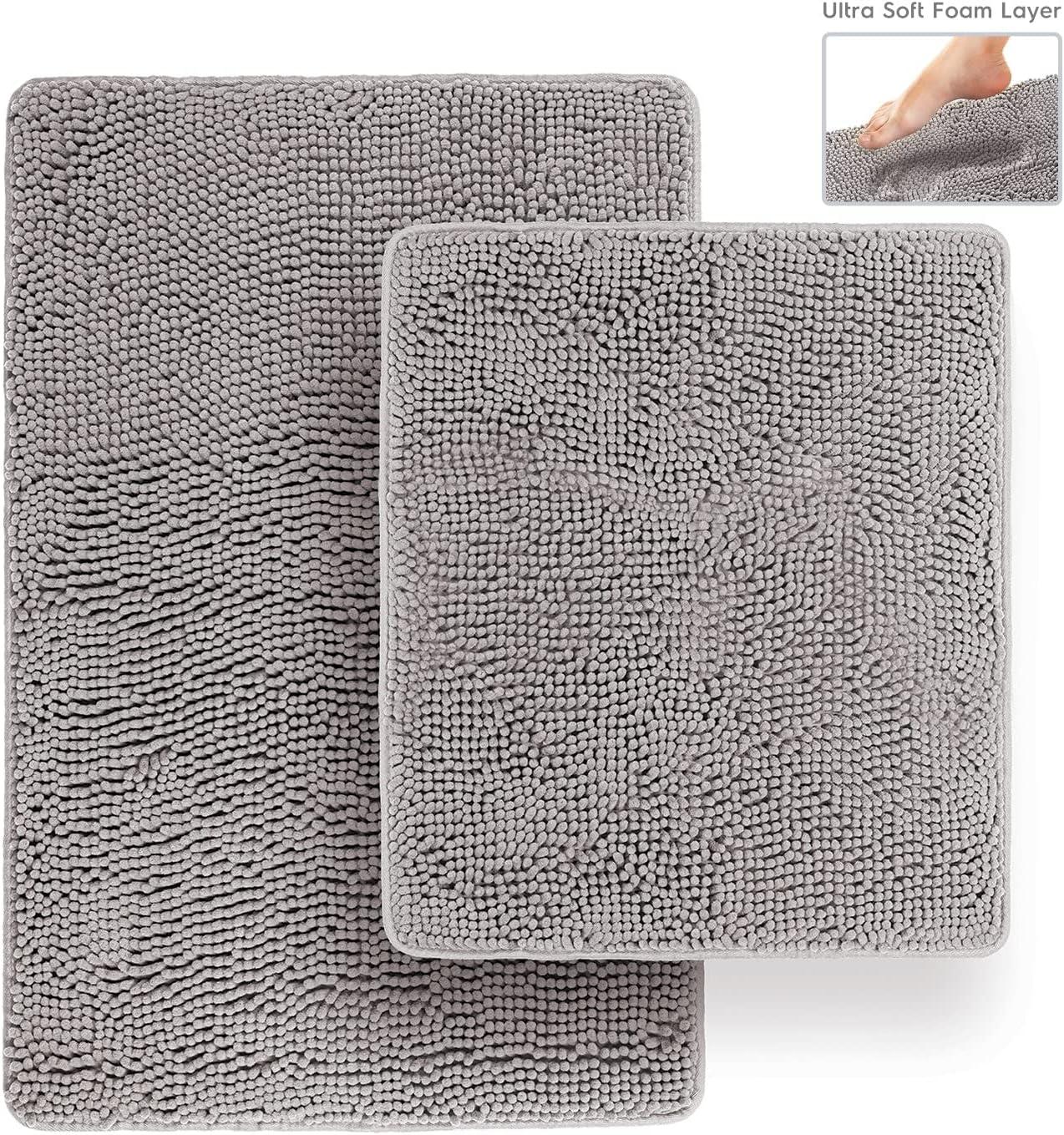 Latitude Run® Bathroom Rugs, Extra-Thick Memory Foam Bath Mat, Ultra-Soft Chenille Microfiber, Highly Absorbent, Machine Washable, Shaggy Bath Mats For Bathroom, Circular Cutout (21X32 + 20X22, 2Pcs) Grey