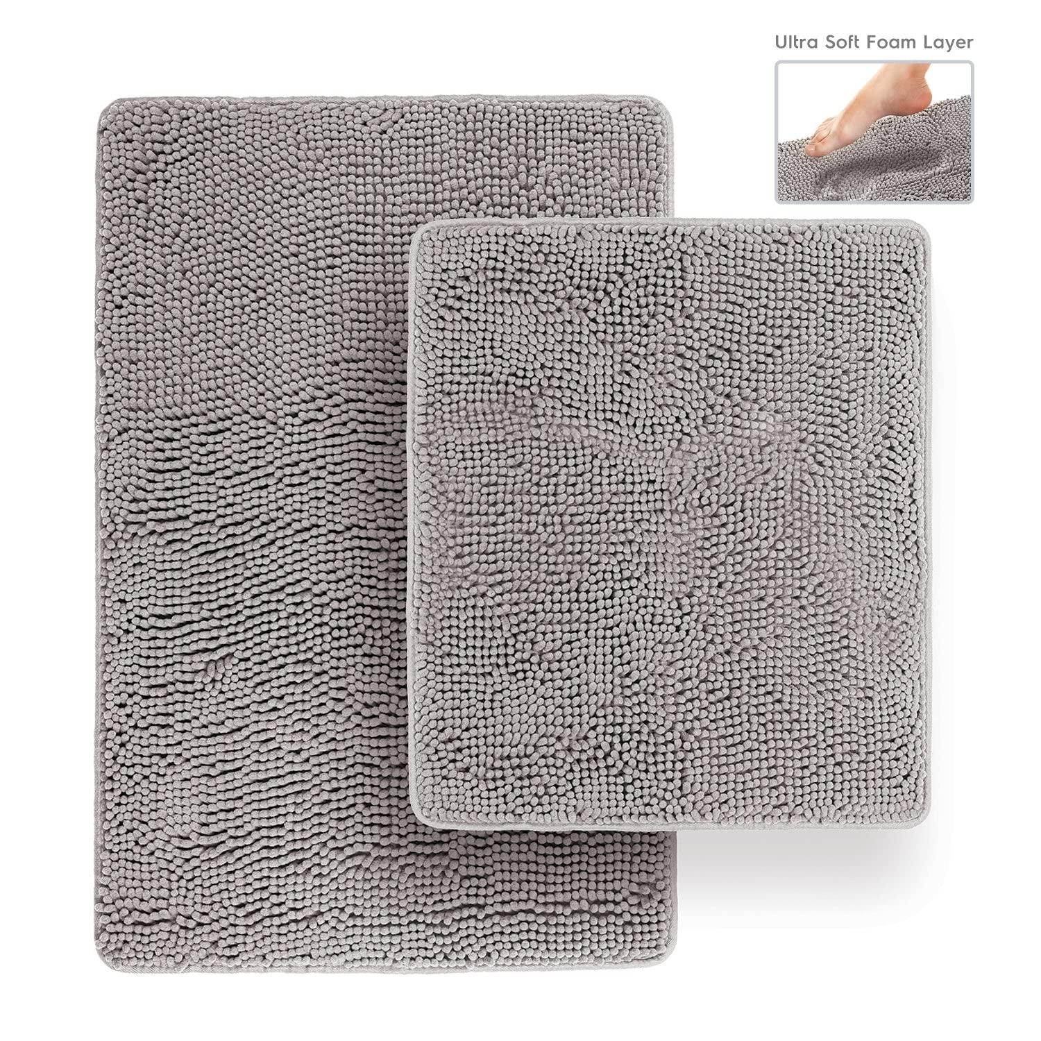 Latitude Run® Bathroom Rugs, Extra-Thick Memory Foam Bath Mat, Ultra-Soft Chenille Microfiber, Highly Absorbent, Machine Washable, Shaggy Bath Mats For Bathroom, Circular Cutout (21X32 + 20X22, 2Pcs) Grey