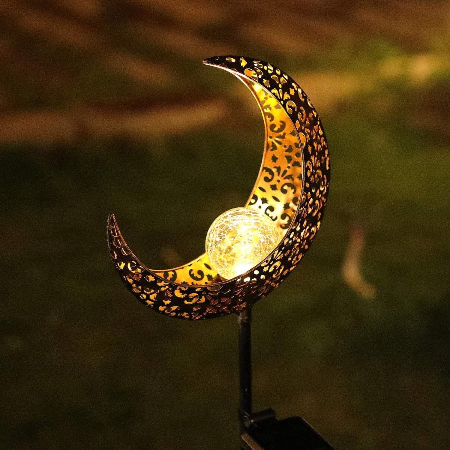 TRAHOO-Garden Solar Light Outdoor Decorative, Moon Crackle Glass Globe Stake Metal LightsWaterproof Warm White LED for Pathway, Lawn, Patio, Yard