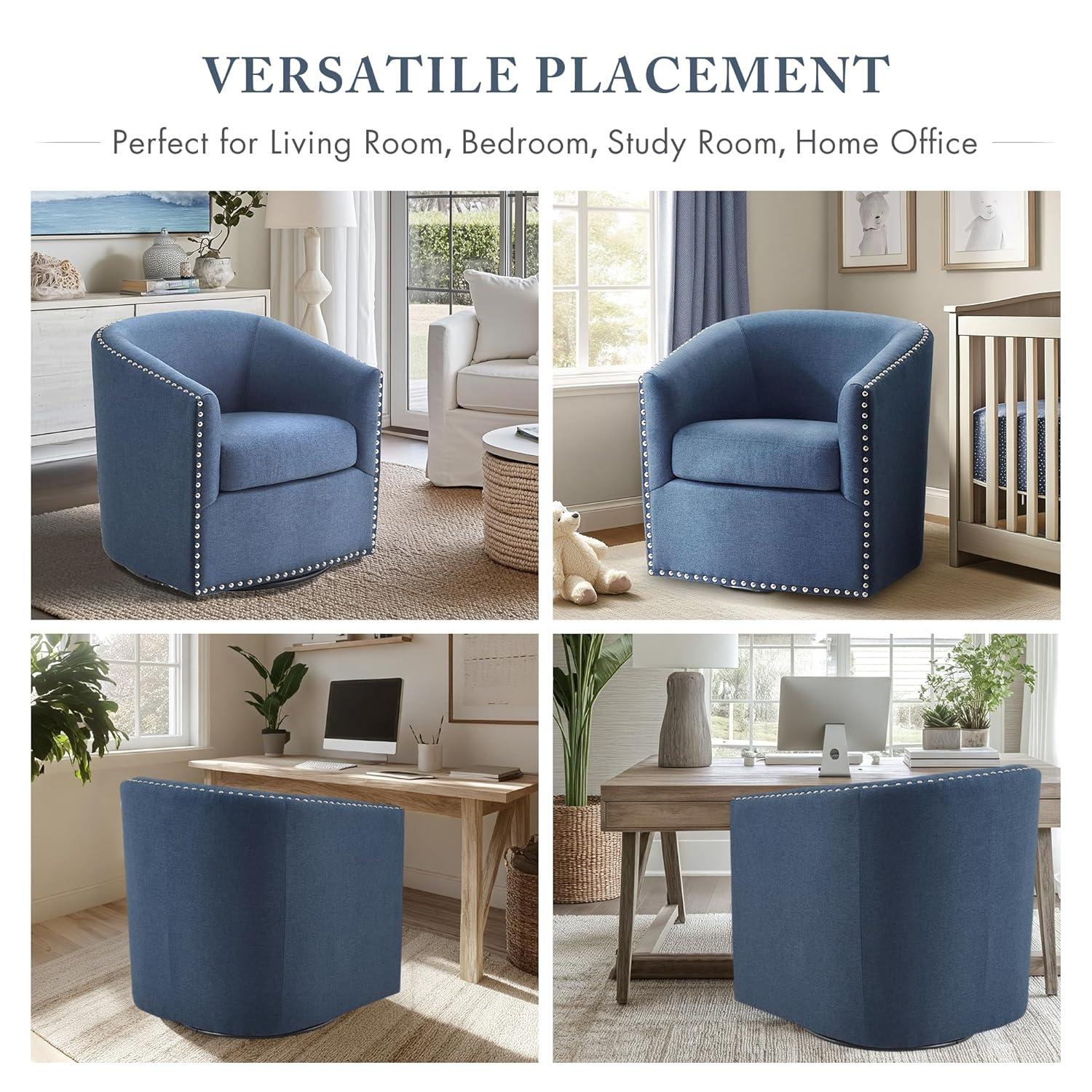 Madison Park Sheldon Swivel Chair Blue: Elegant Barrel Design, Nailhead Trim, 360° Rotation, No Assembly Required